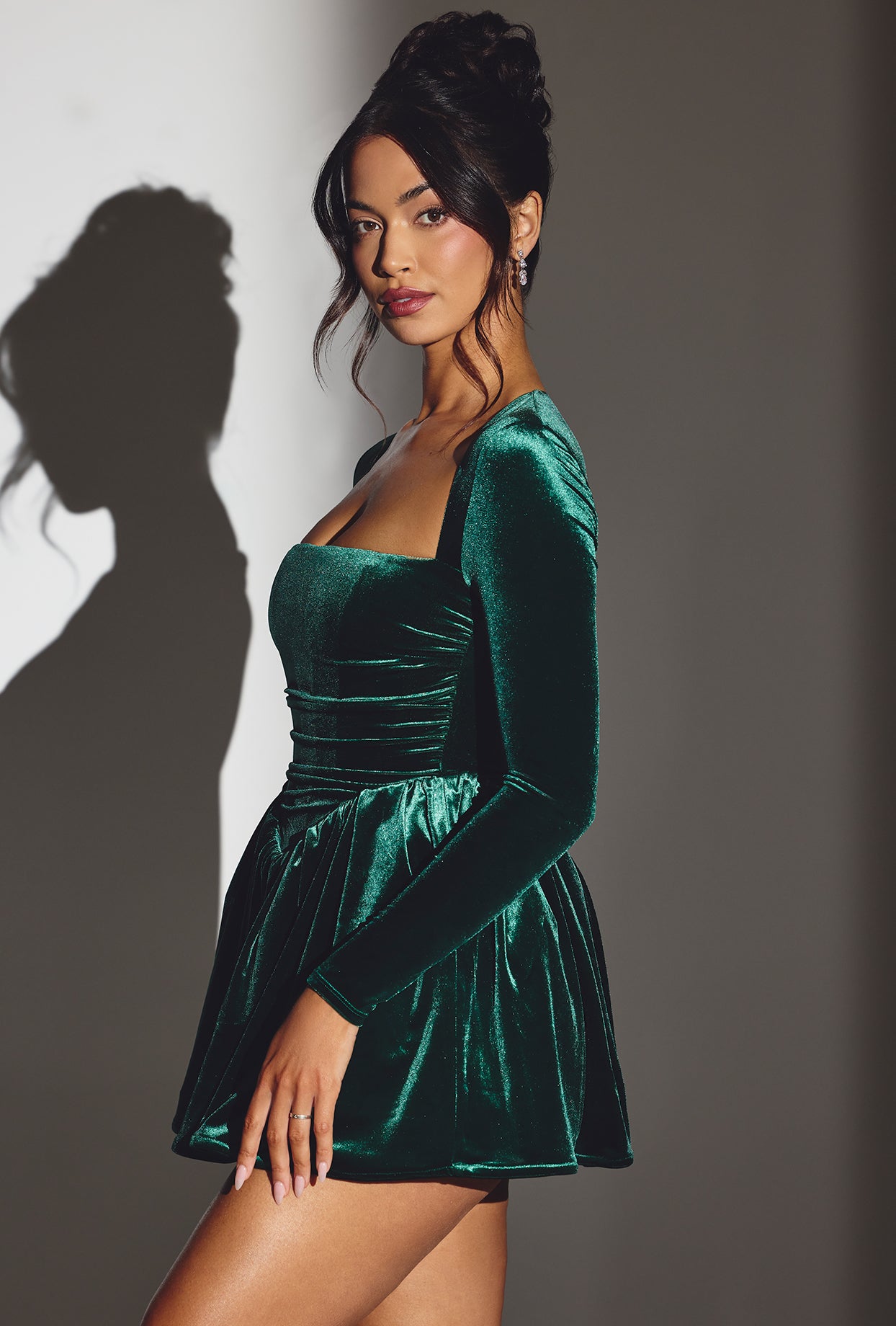 Tera-Velvet Long Sleeve Corset Mini Dress in Emerald Green