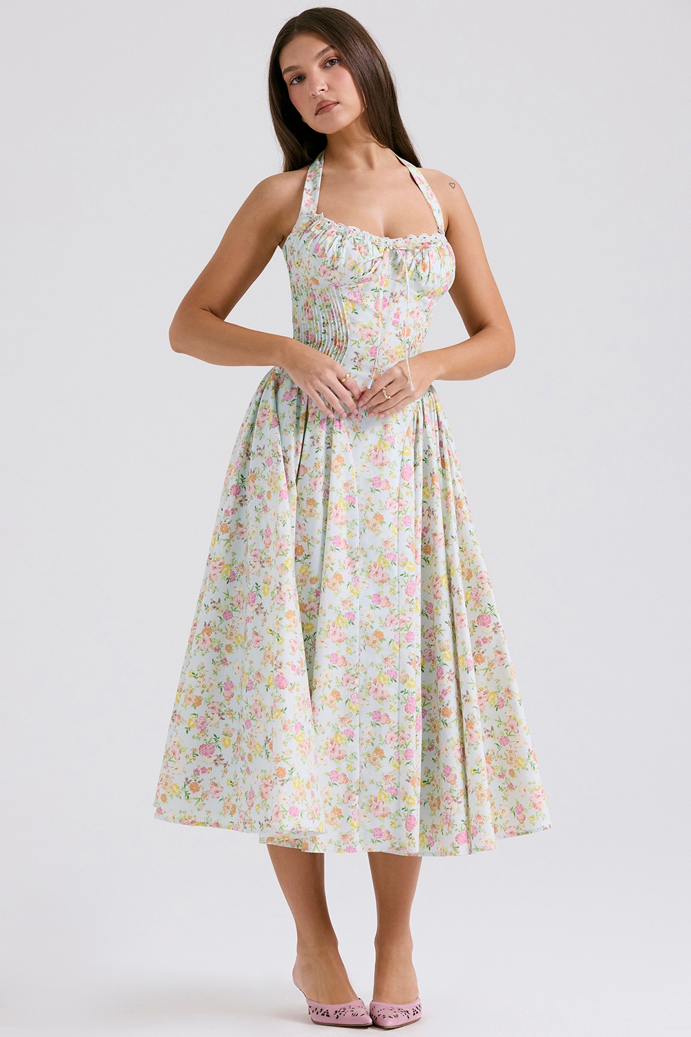 Adabella-Pale Blue Meadow Print Cotton Halter Sundress