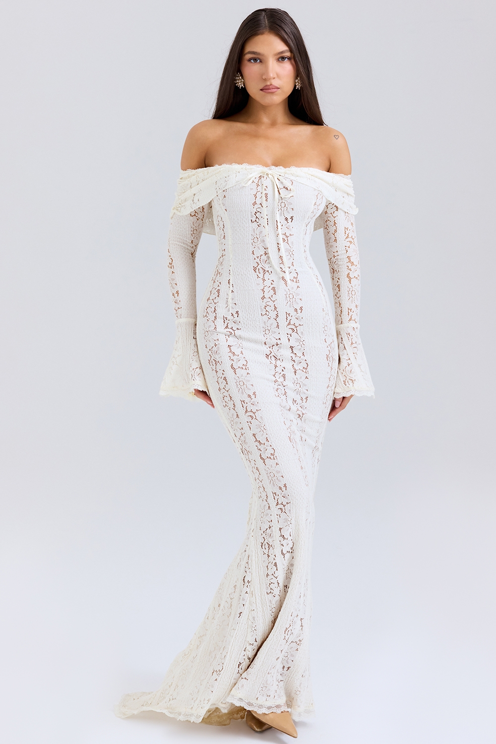 Belle-Vintage Cream Floral Lace Off Shoulder Maxi Dress
