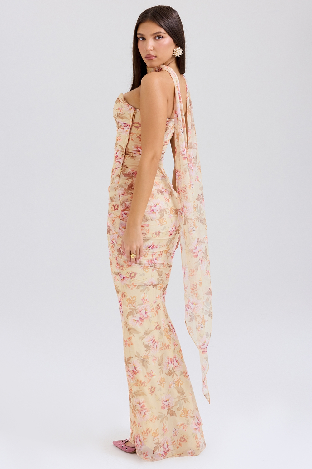 Hallie-Honeyflower Print Strapless Corset With Neck Scarf