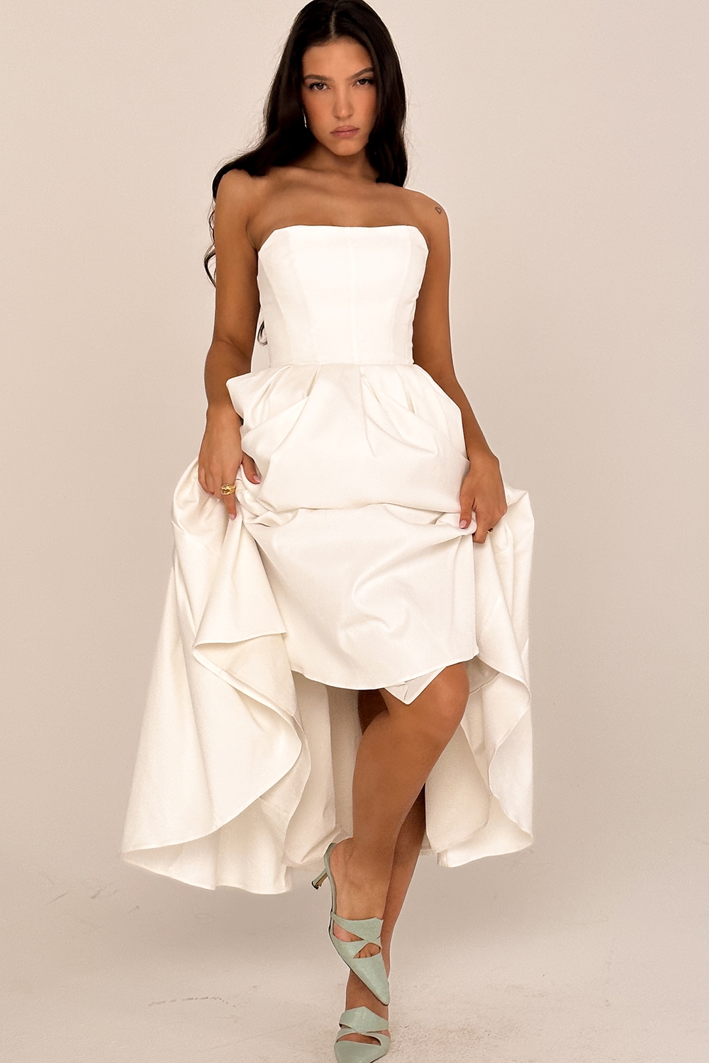 Audrey-White Strapless Midi Sundress