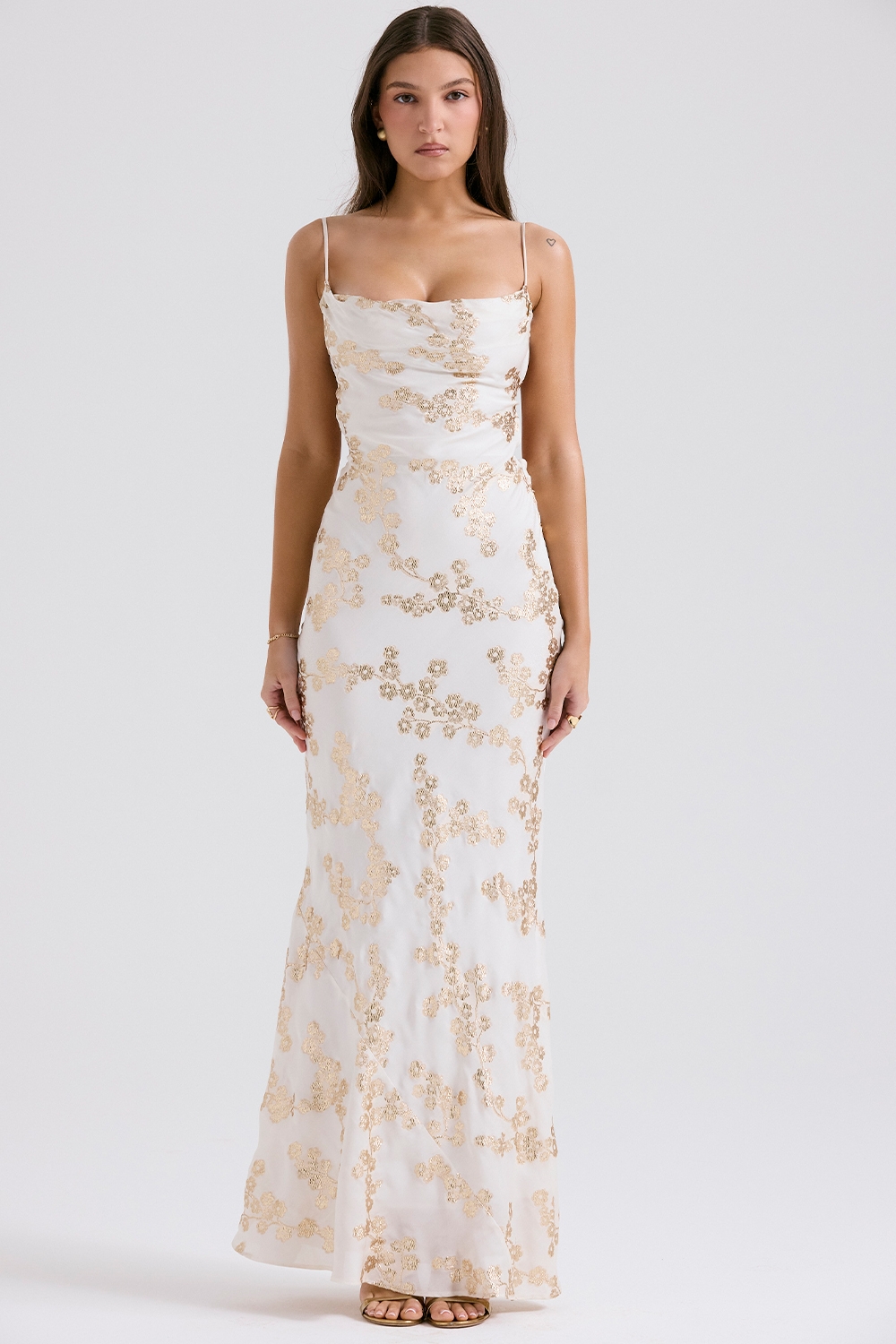 Capriana-White & Gold Jacquard Satin Gown