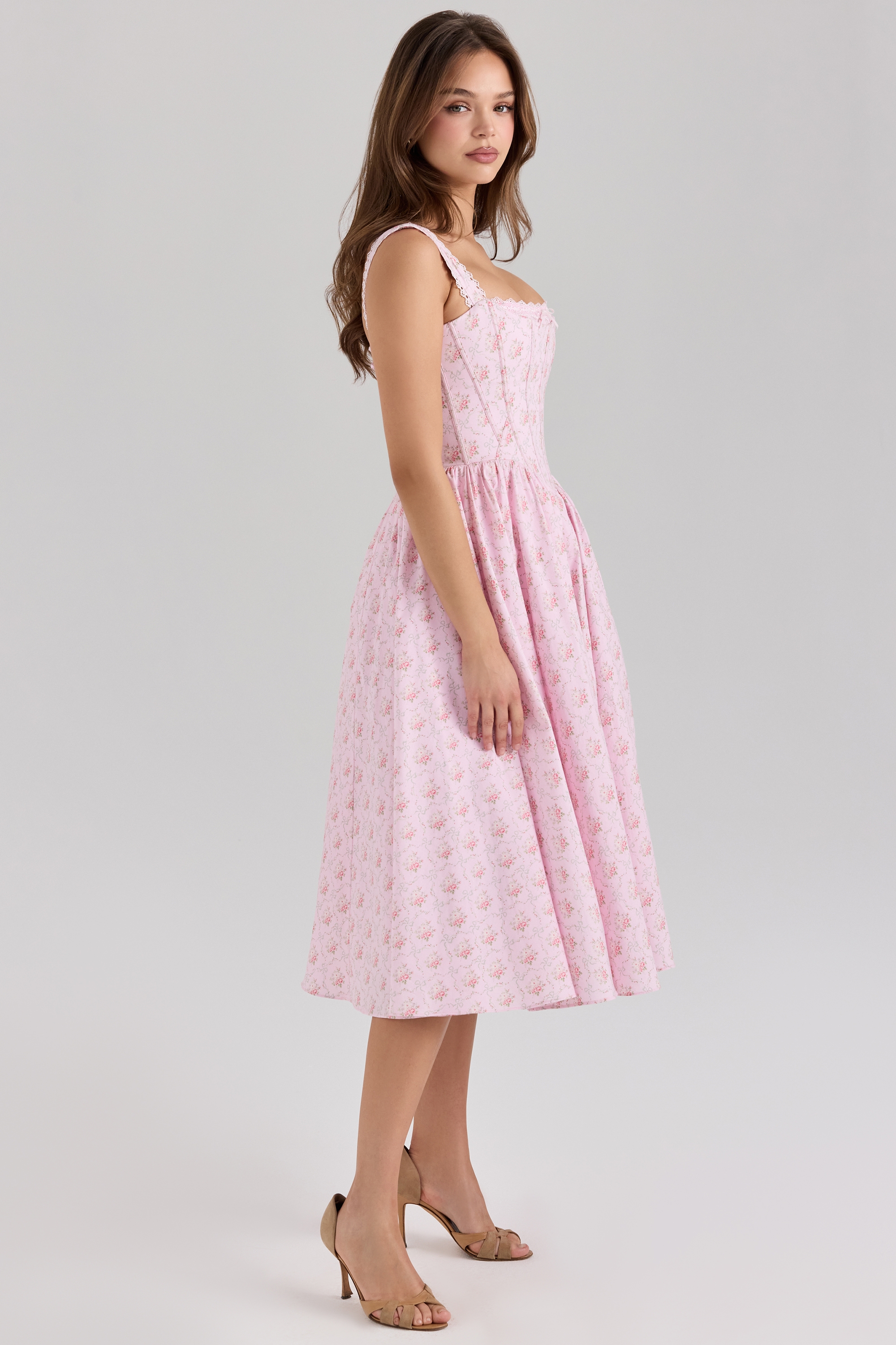 Amara-Pink Rose Print Stretch Cotton Corset Midi Dress