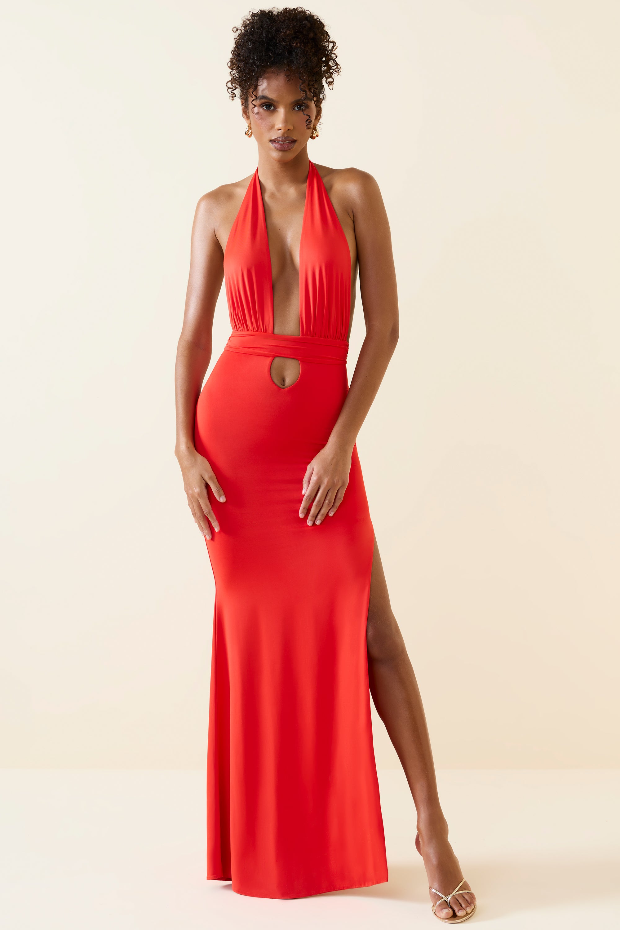 Xenia-Halterneck Cut-Out Maxi Dress in Scarlet