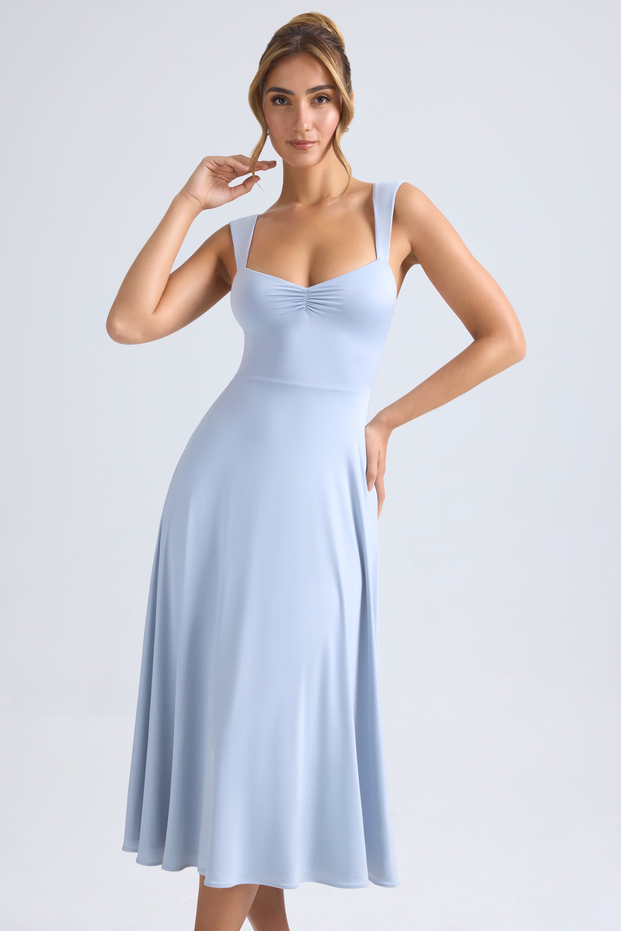 Thandie-Sweetheart-Neck Ruched Midaxi Dress in Light Blue