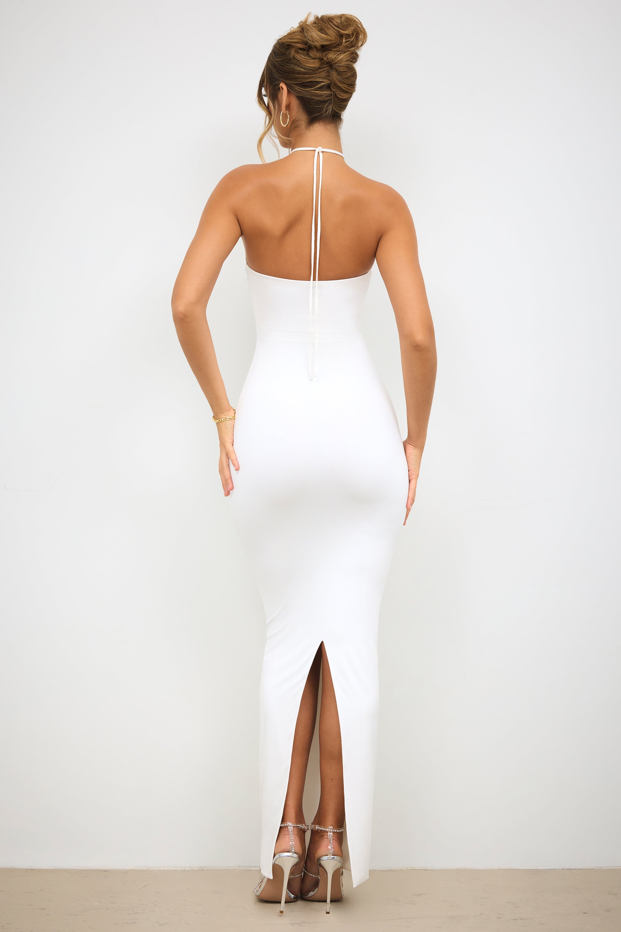 Vasara-Slinky Jersey Rose Detail Halter Neck Maxi Dress in White