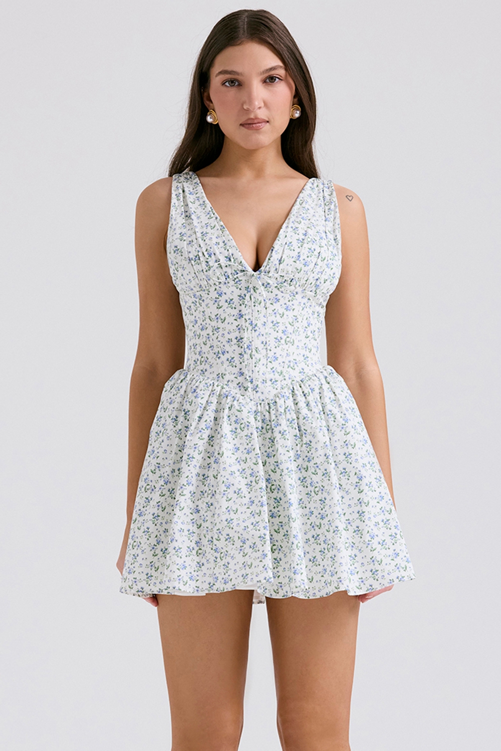 Fabrizia-White Bluebell Print Corset Mini Dress