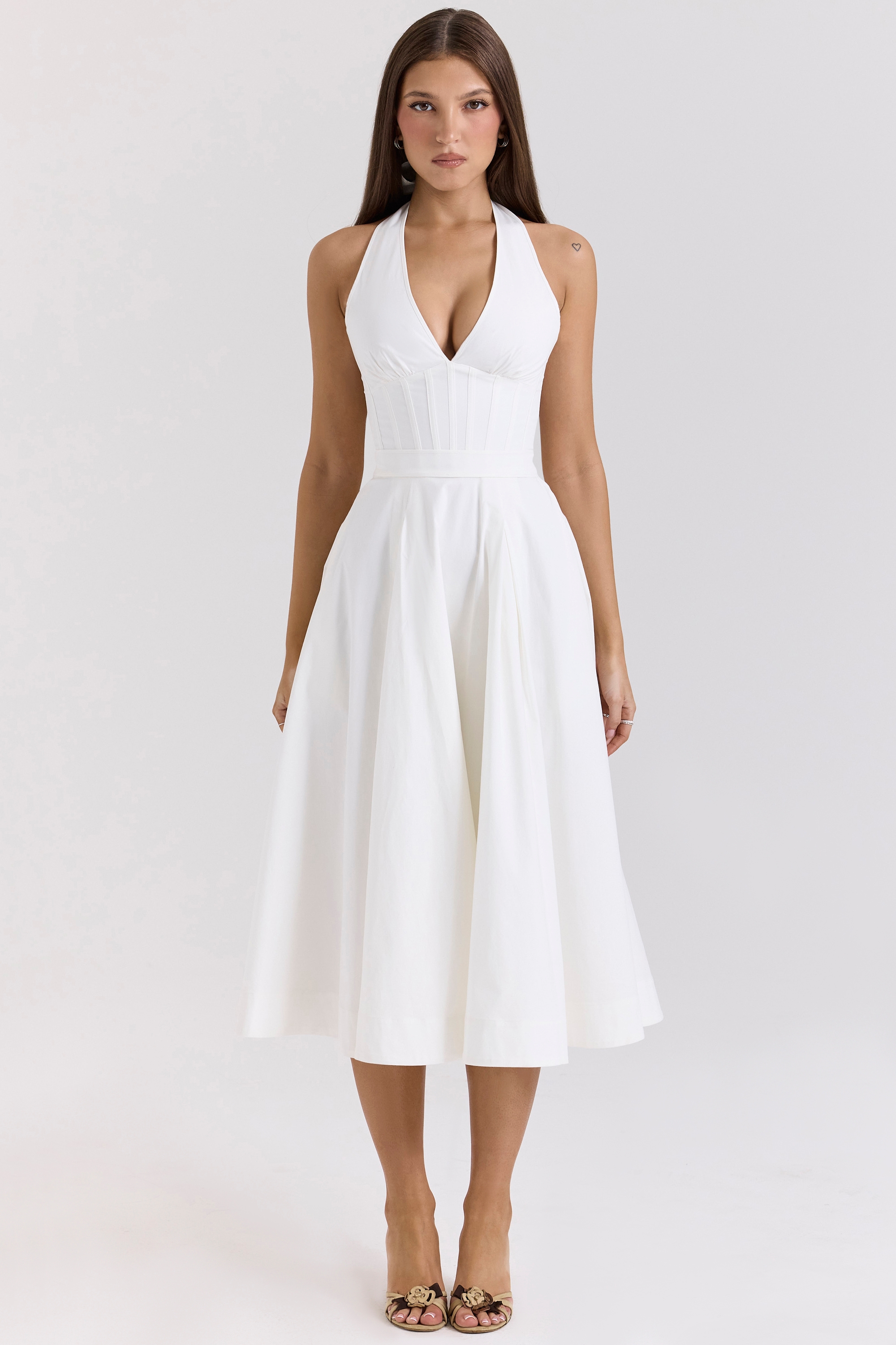 Allena-White Stretch Cotton Halter Midi Sundress