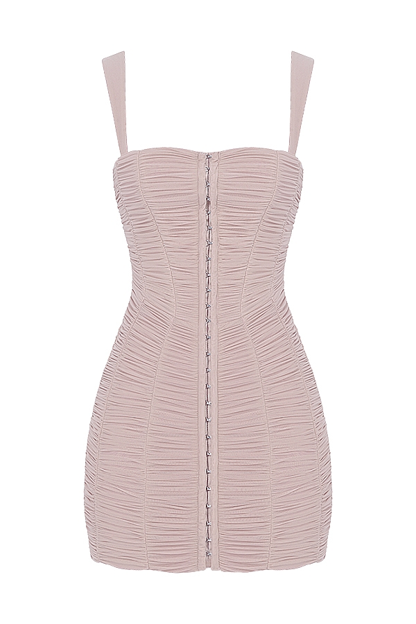 Cate-Crystal Ruched Mesh Mini Dress
