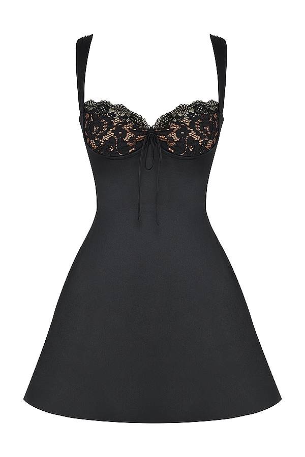 Adriana-Black Satin And Lace Mini Dress
