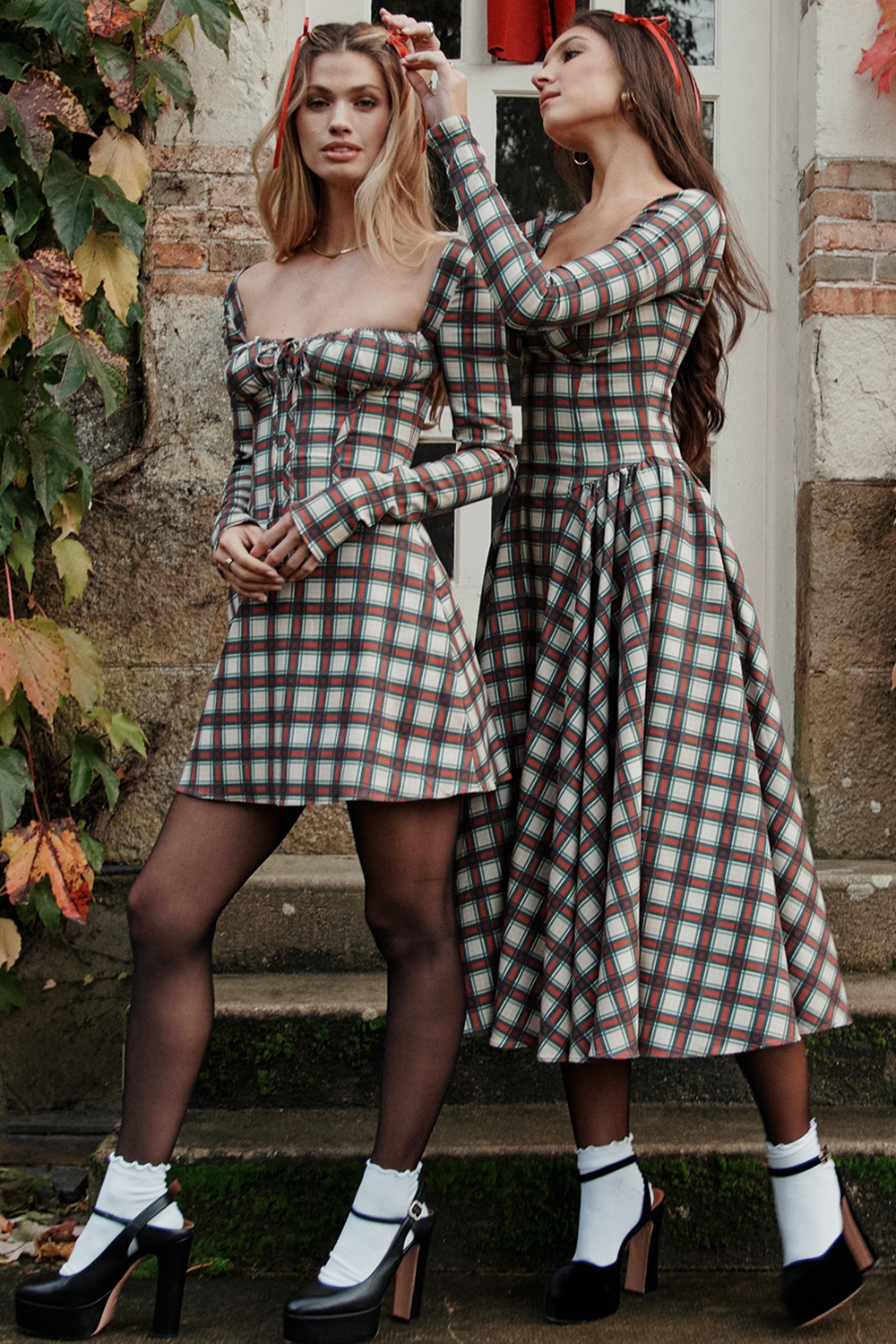 Eliza-Red Tartan Corset Midi Dress