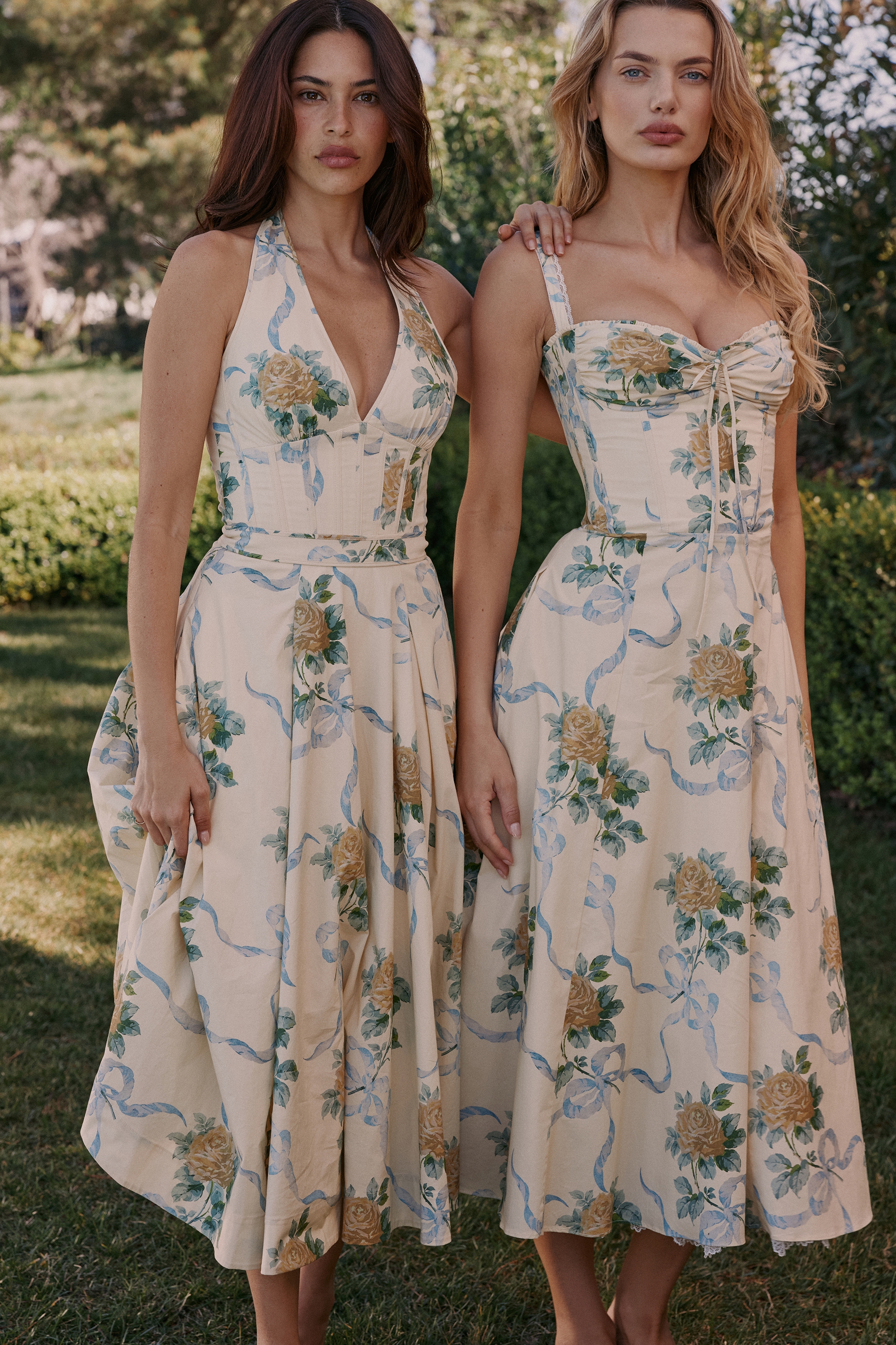 Allena-Lemon Ribbon Stretch Cotton Halter Midi Sundress