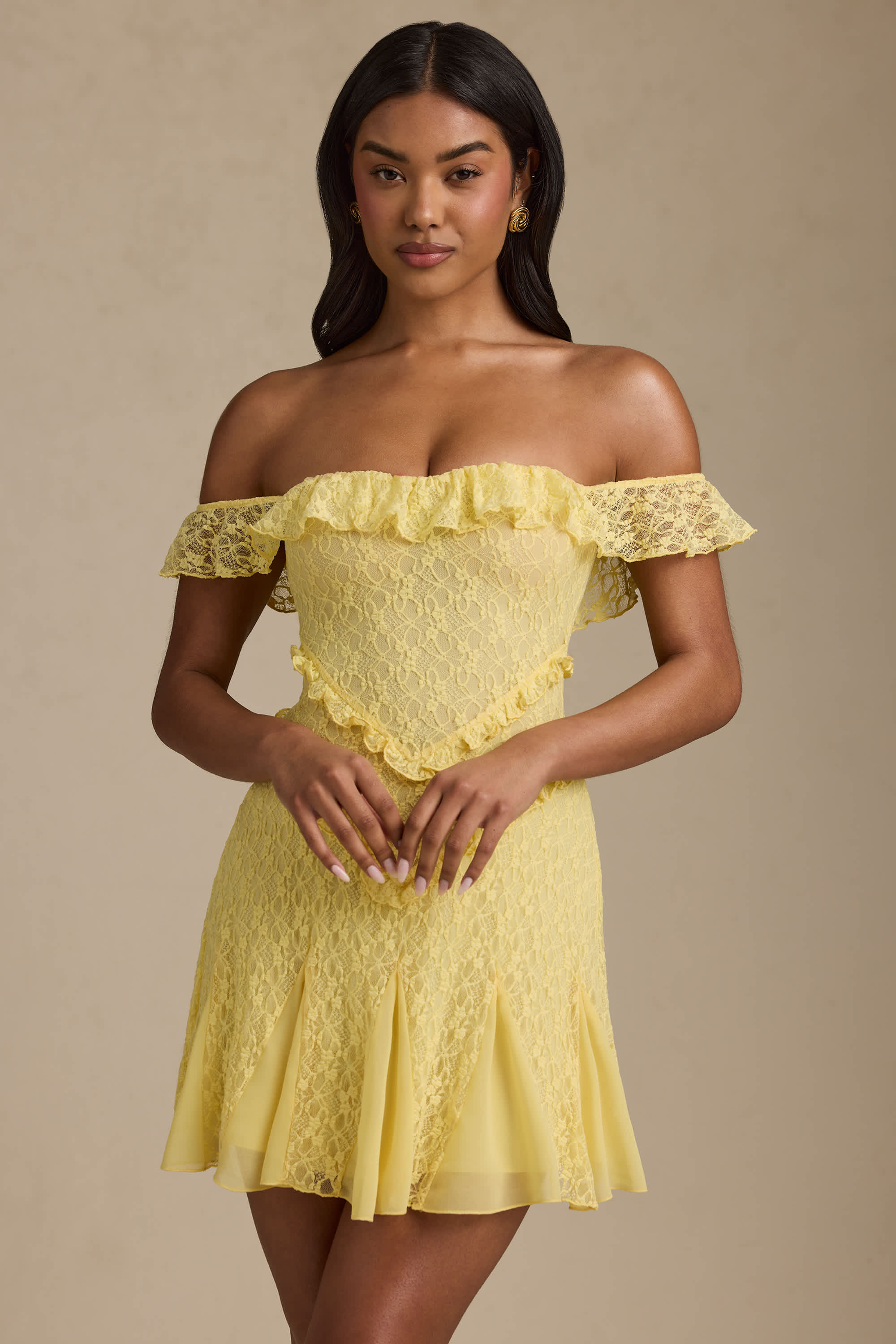 Nahida-Off-Shoulder Lace A-Line Mini Dress in Pastel Yellow