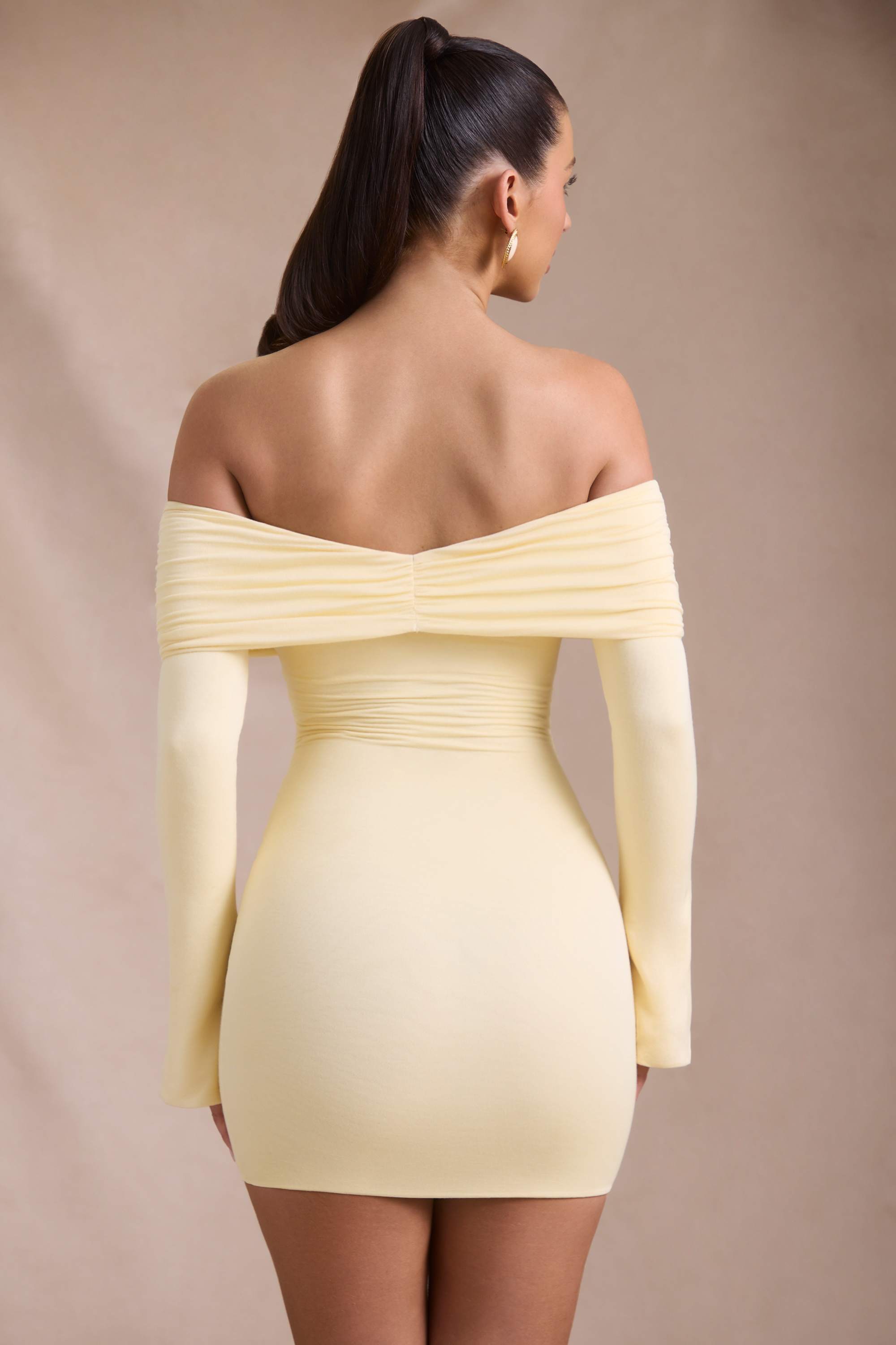 Thais-Modal-Cashmere Blend Off-Shoulder Ruched Mini Dress in Butter Yellow