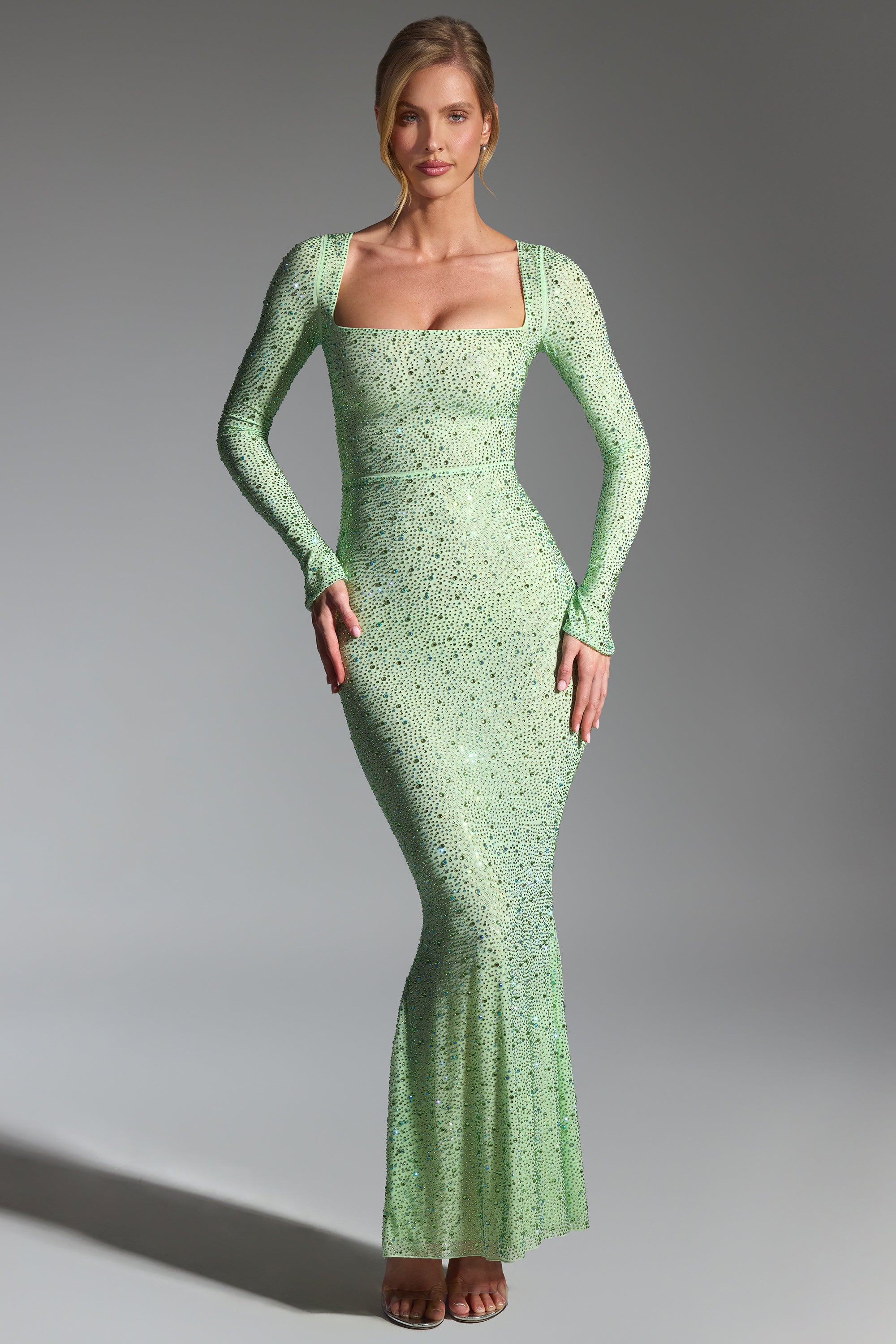 Cassiopeia-Embellished Fishtail Maxi Dress in Pistachio