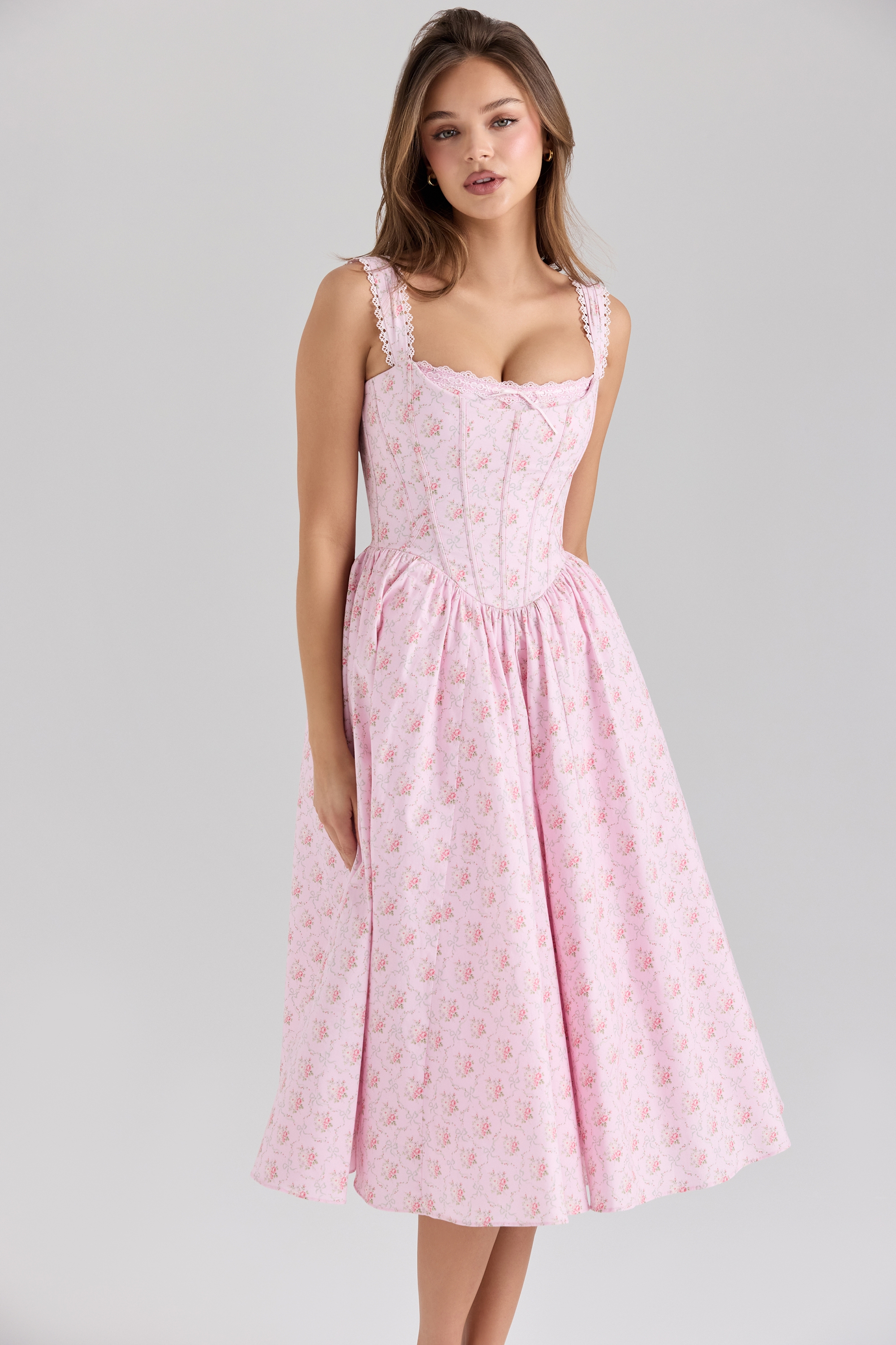 Amara-Pink Rose Print Stretch Cotton Corset Midi Dress