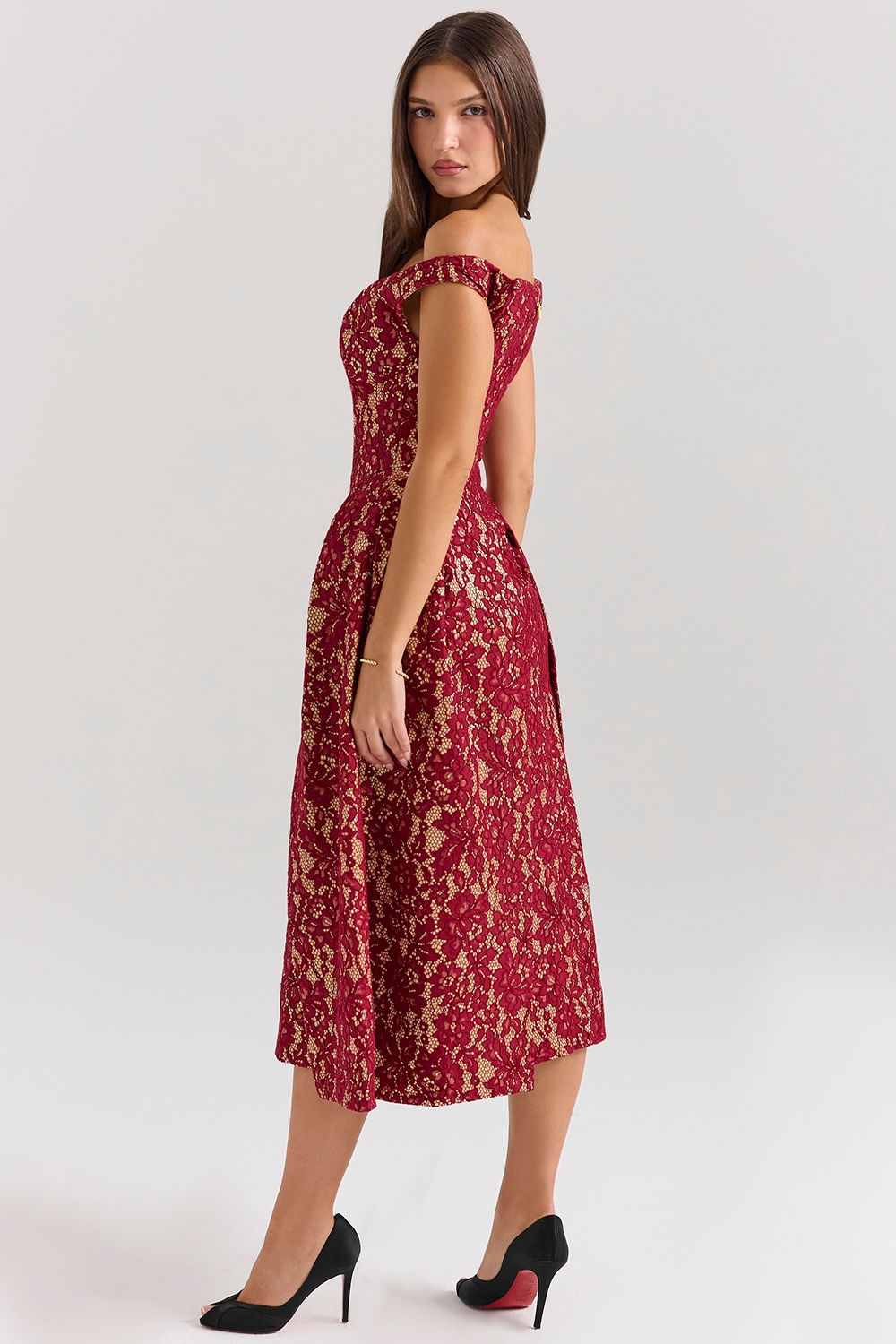Charming-Gold and Berry Lace Midi Off Shoulder Dress