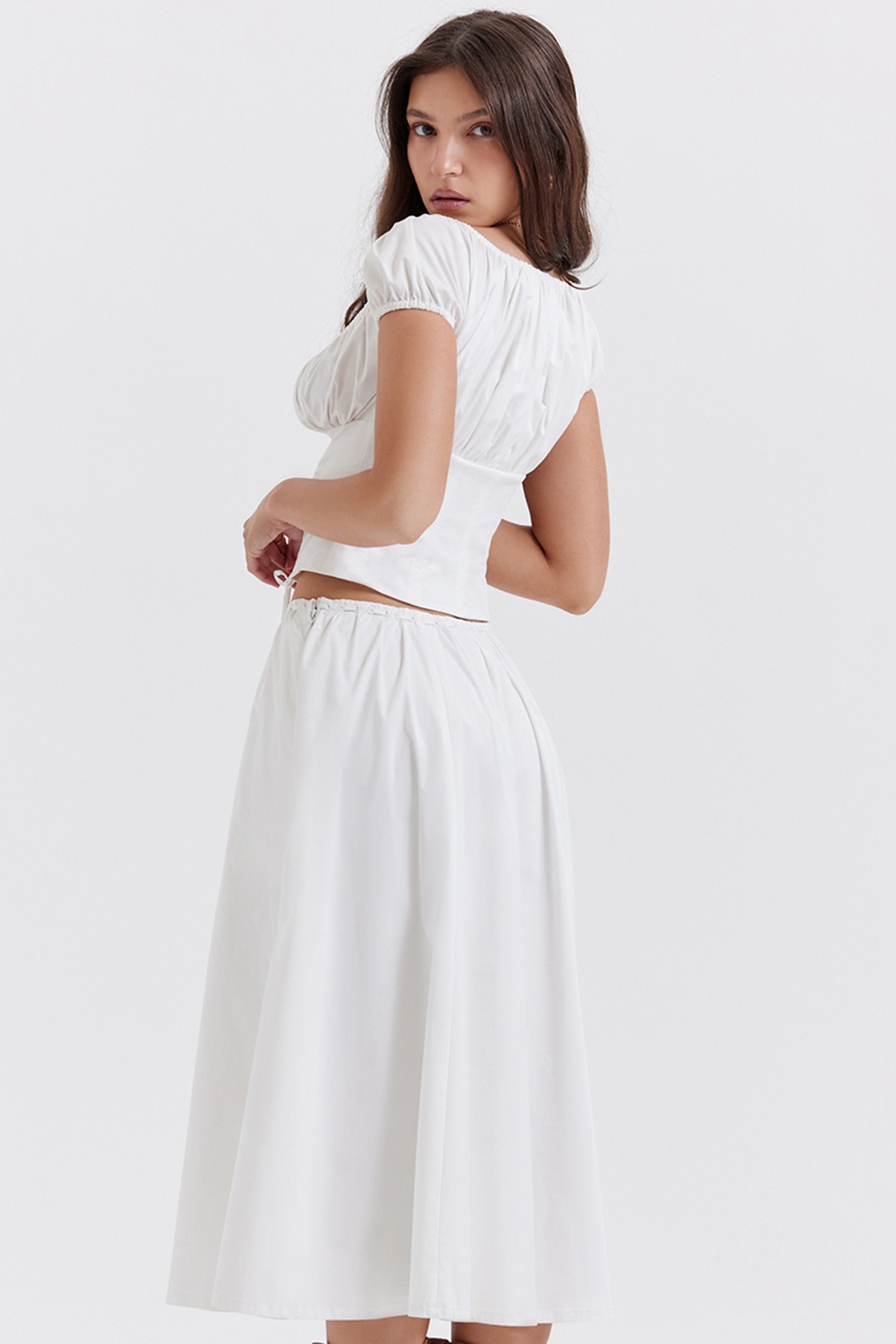 Cora-White Gathered Midi Skirt