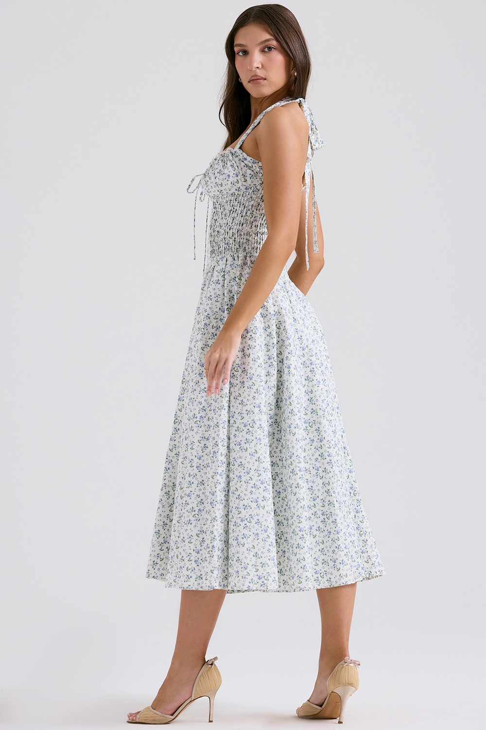 Adabella-White Bluebell Print Cotton Halter Sundress