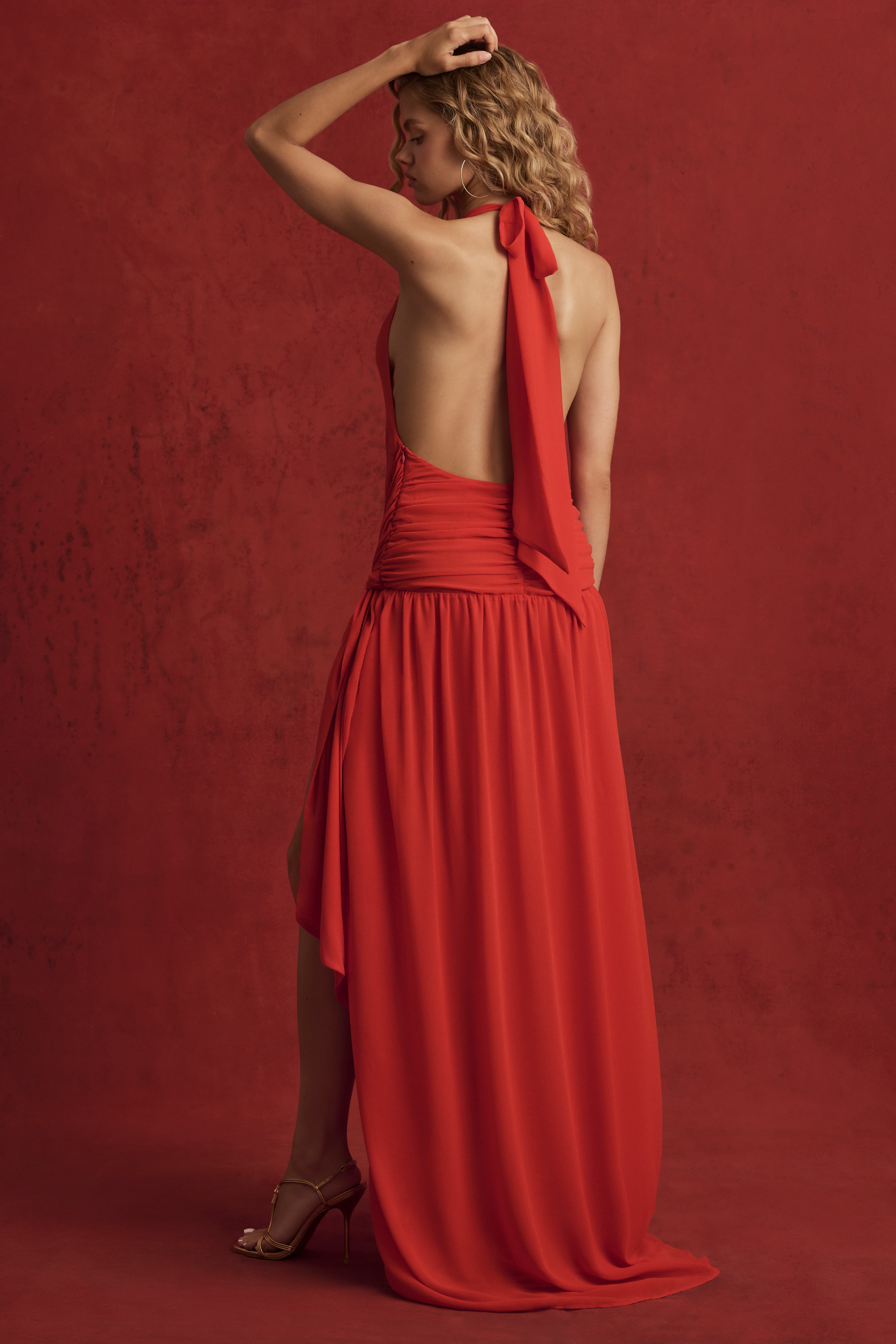 Oliana-Asymmetric Halterneck Maxi Dress in Chilli Red