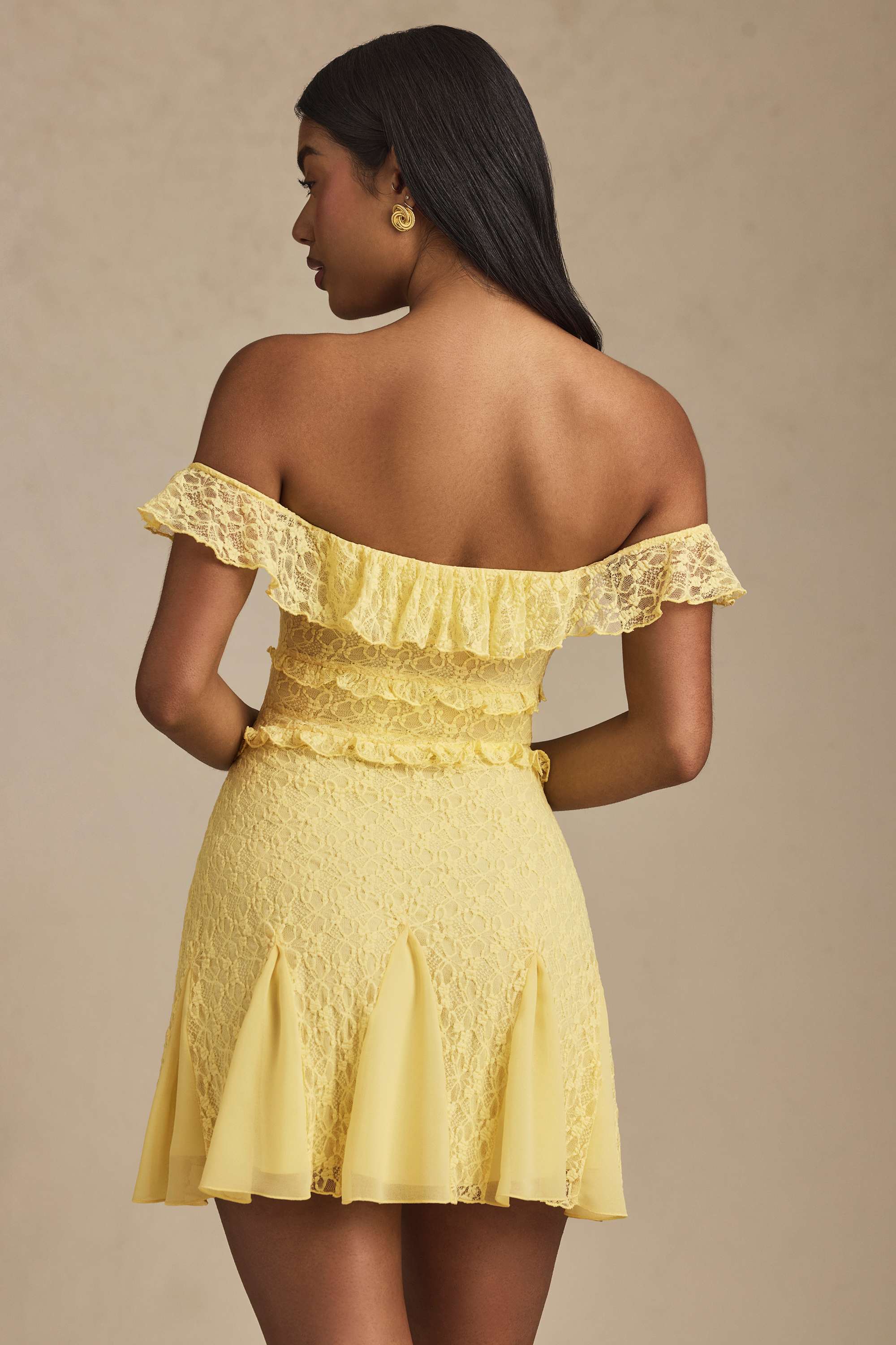Nahida-Off-Shoulder Lace A-Line Mini Dress in Pastel Yellow