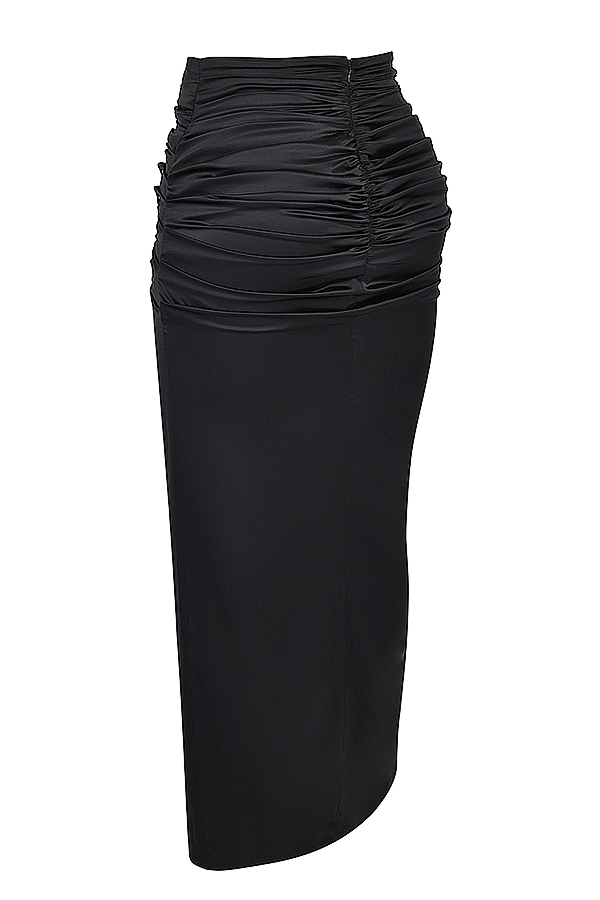 Arla-Black Draped Silk Maxi Skirt