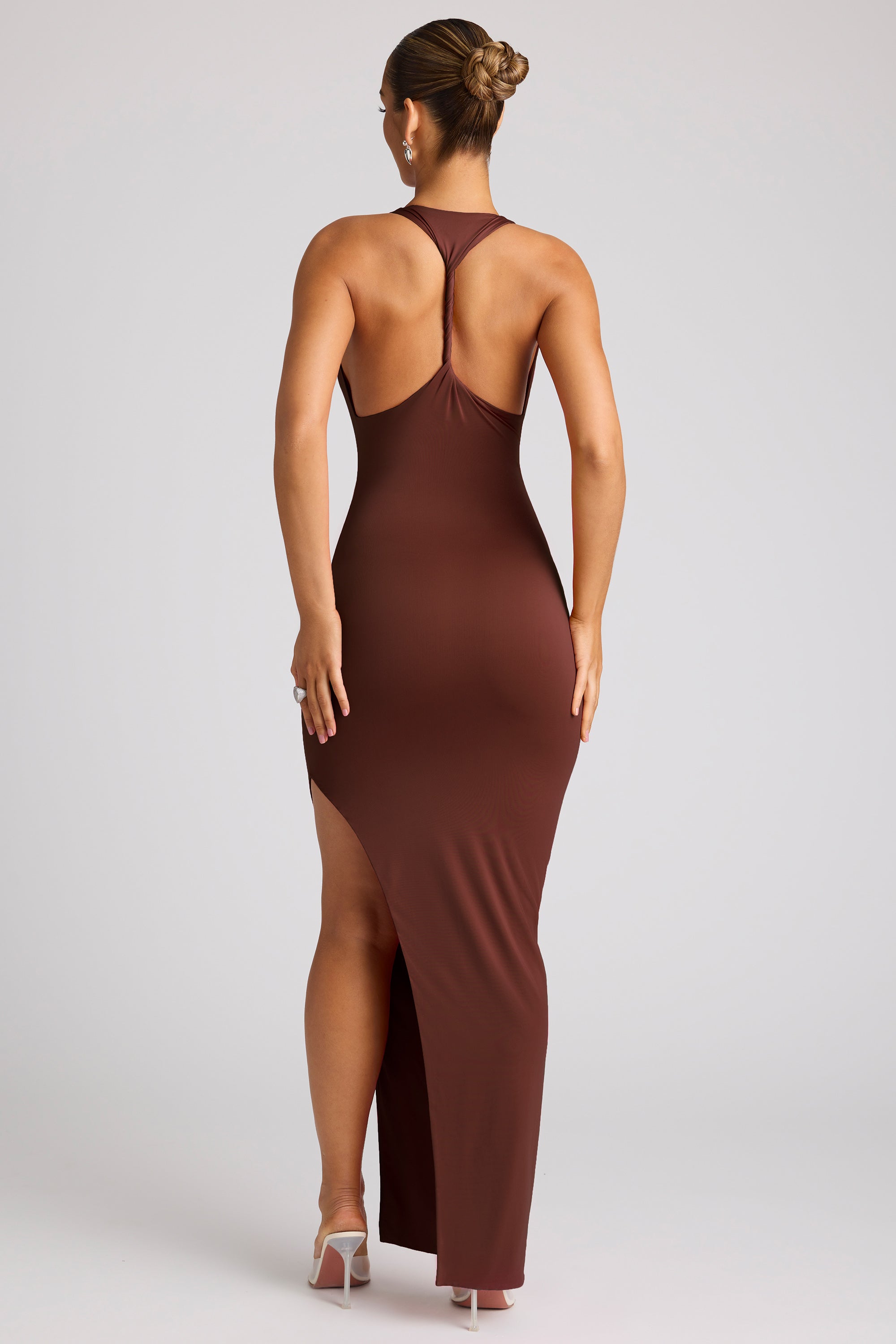 Ravenna-Multiwear Cowl Neck Wrap Over Evening Gown in Chocolate Brown