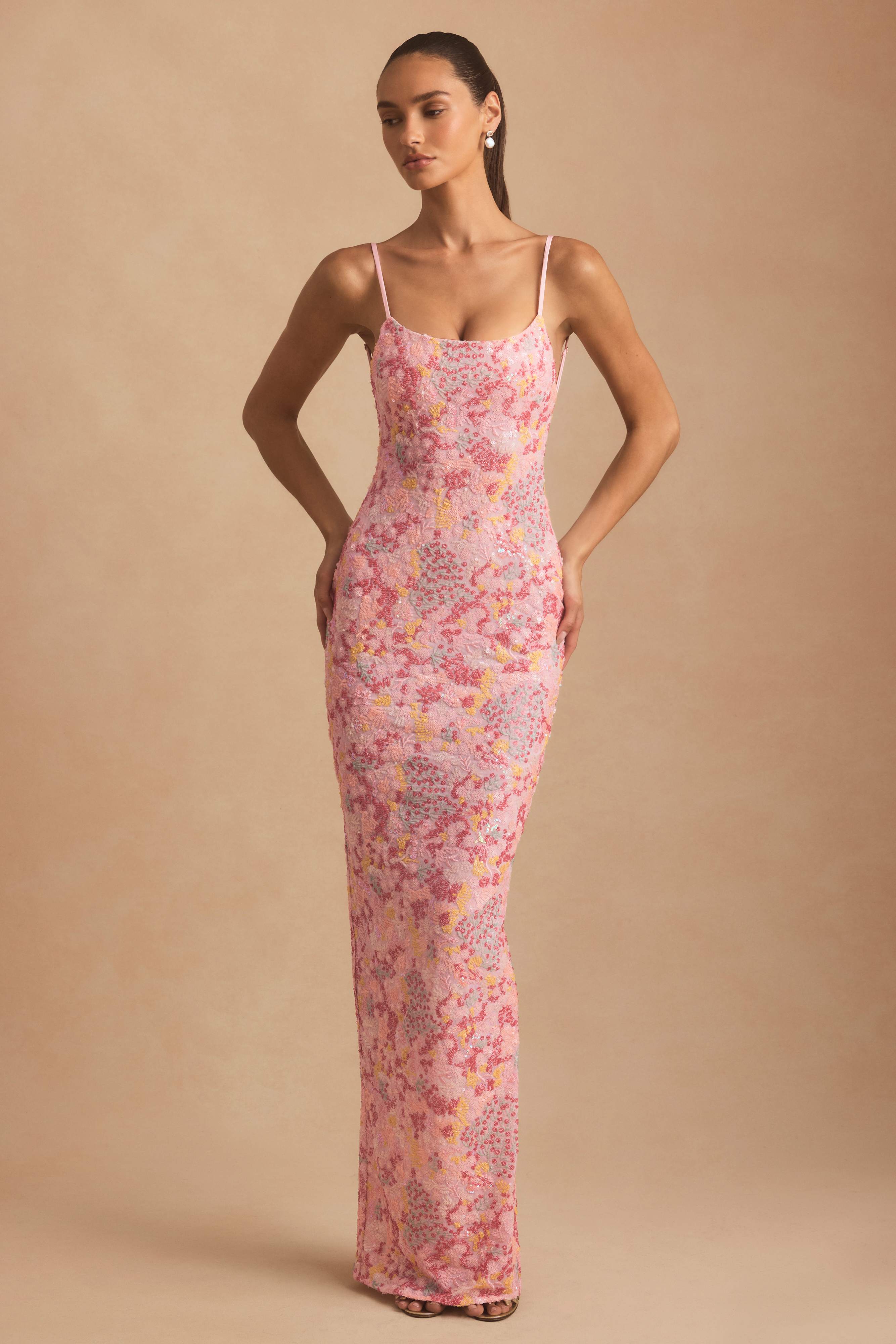 Tavira-Embellished Scoop-Neck Backless Maxi Dress in Pink