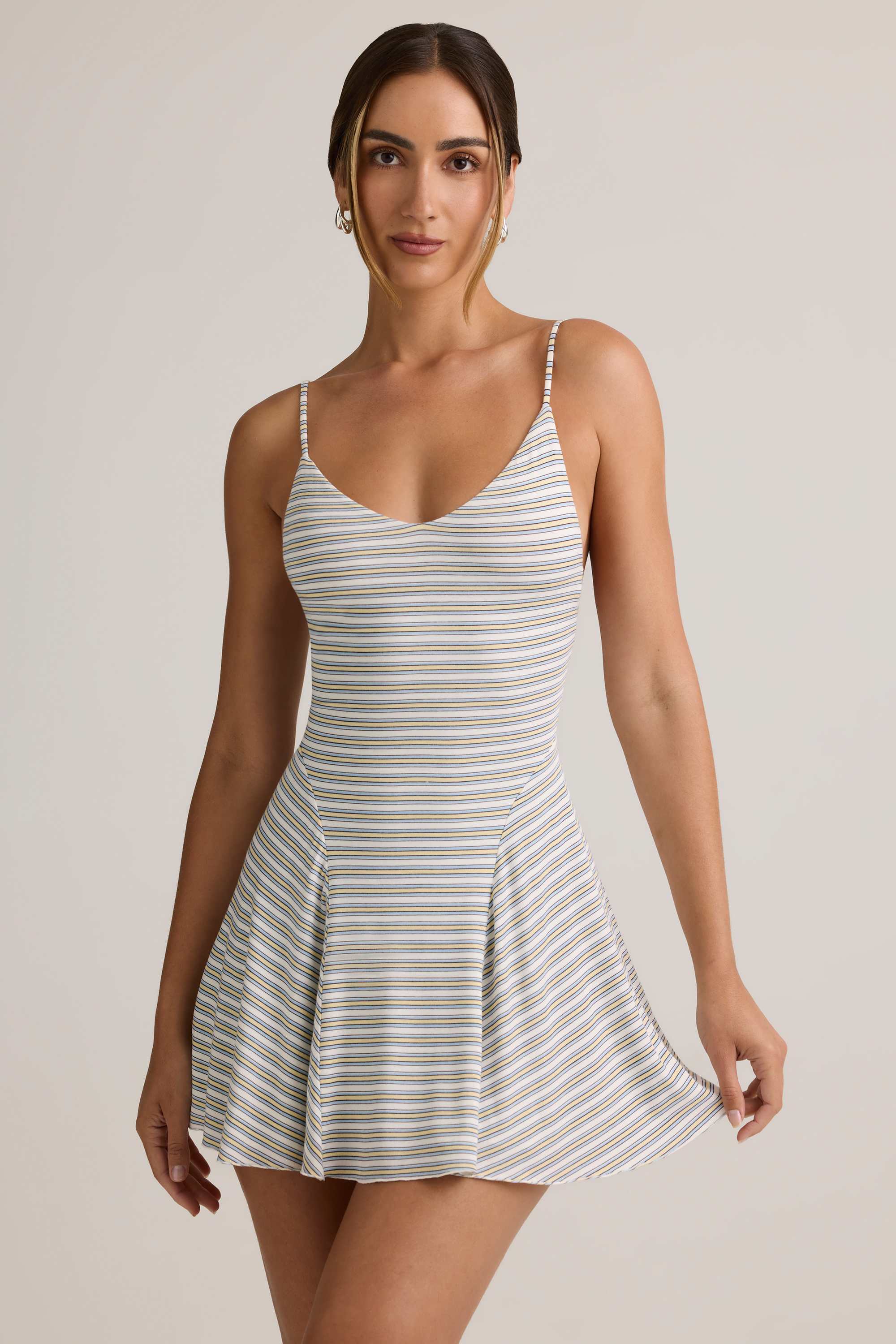 Mansi-Modal Ribbed Tie-Back A-Line Mini Dress in Blue Yellow Stripe