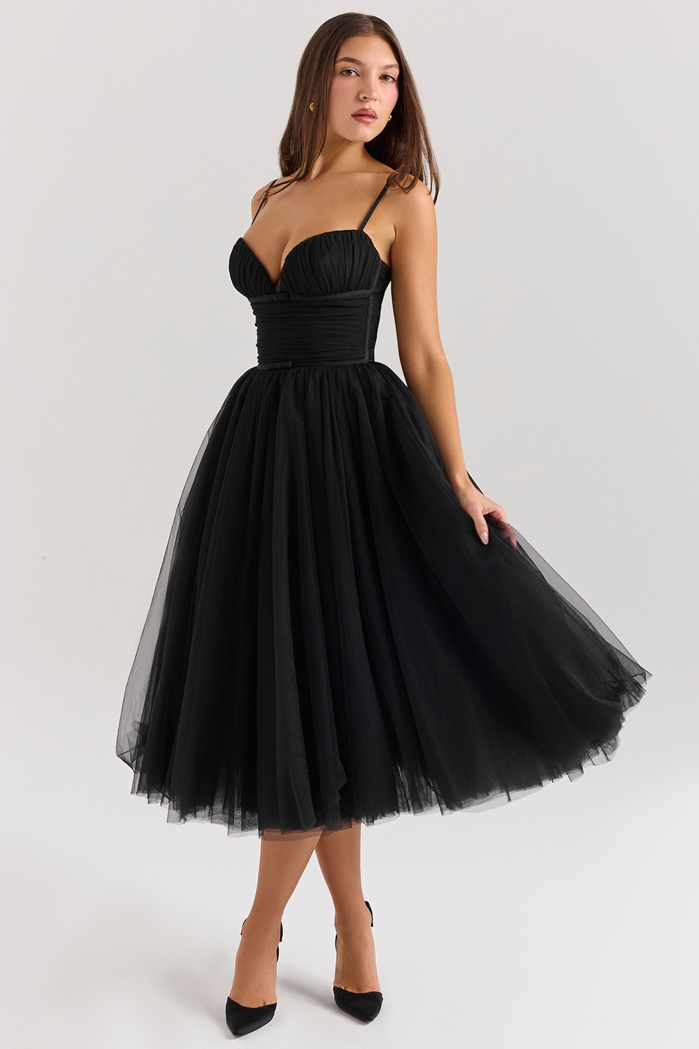 Countess-Black Tulle Ruched Bodice Midi Dress - SALE