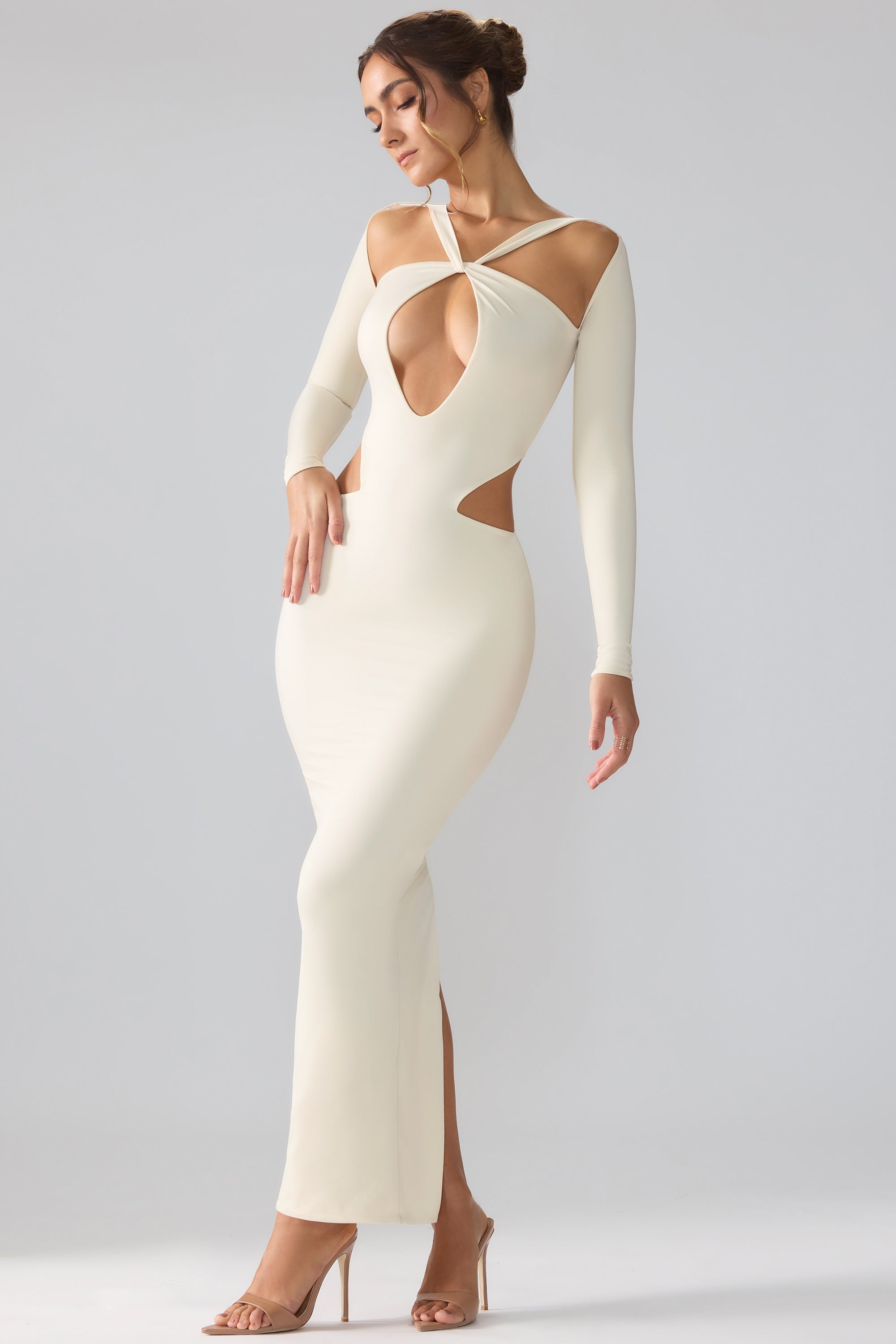 Tindra-Premium Jersey Long Sleeve Cut Out Maxi Dress in Ivory