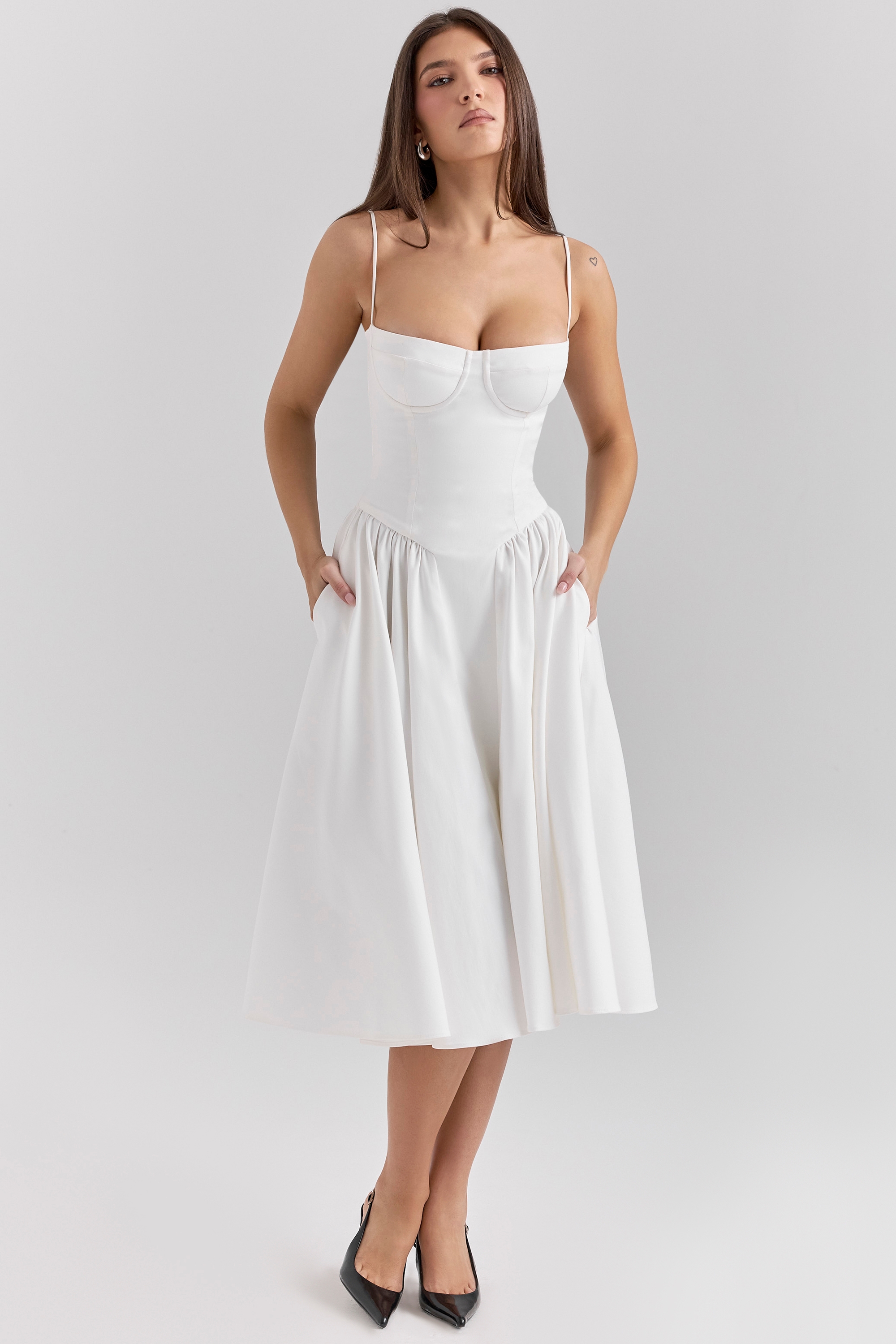Samaria-White Corset Midi Dress