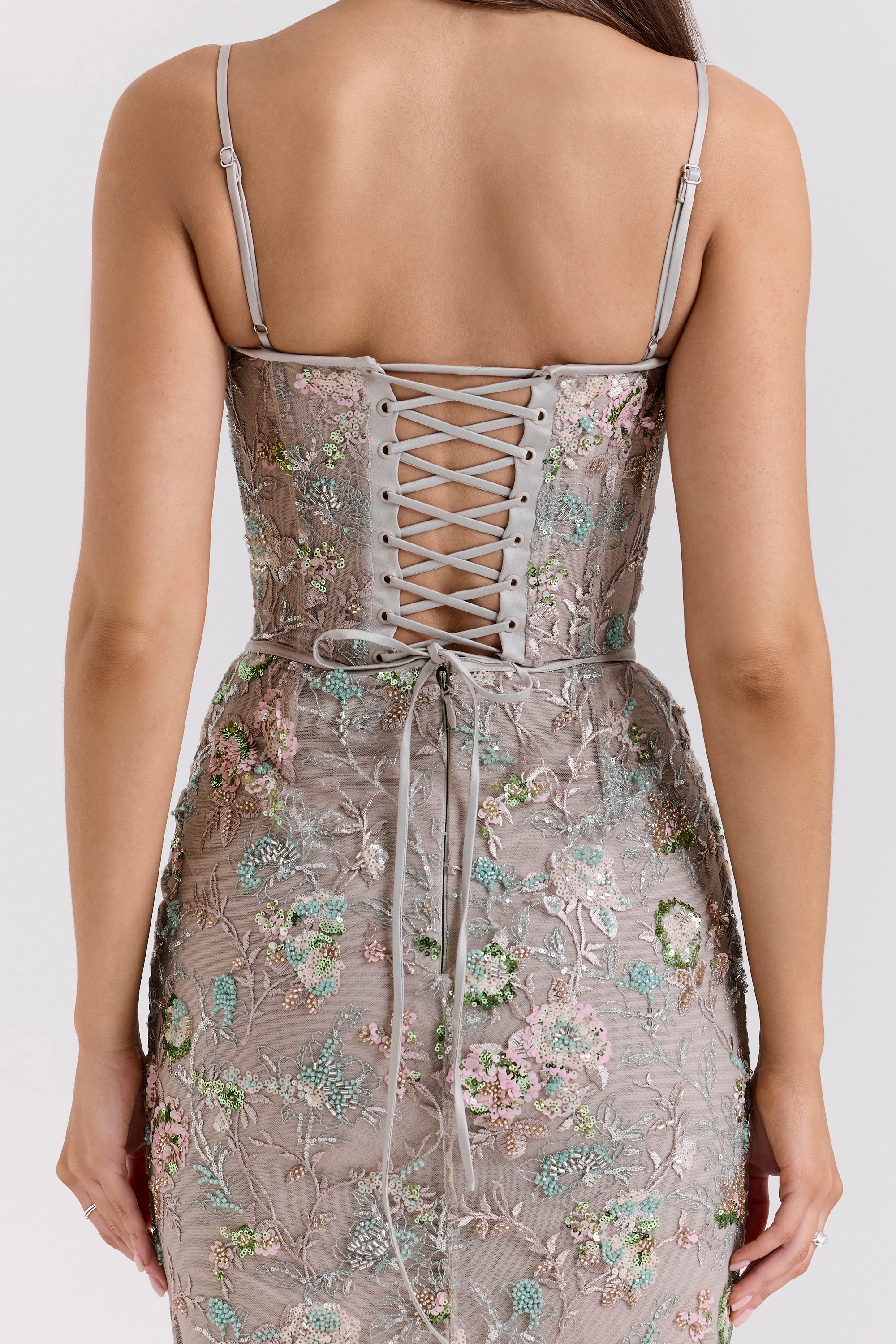 Naima-Silver Embellished Beaded Corset Maxi Dress