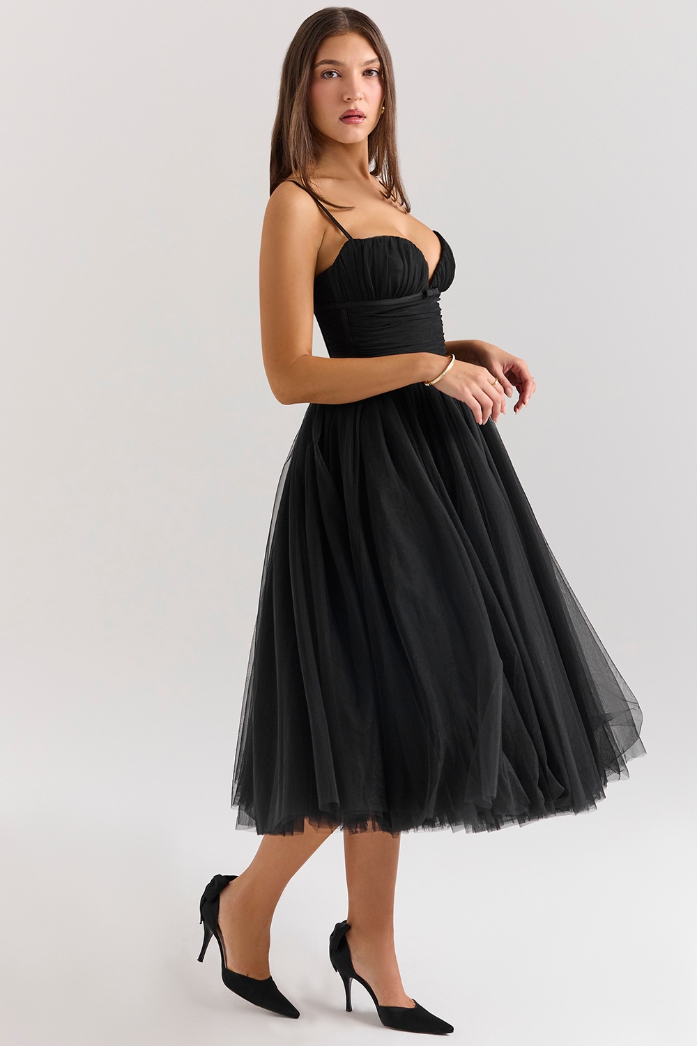 Countess-Black Tulle Ruched Bodice Midi Dress - SALE
