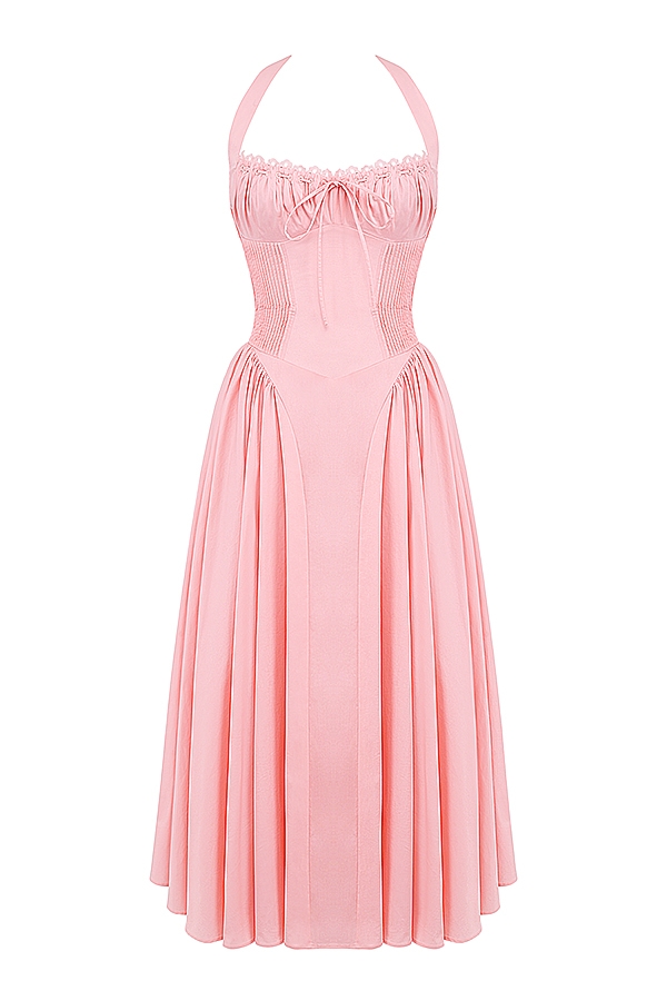 Adabella-Rose Pink Cotton Halter Midi Sundress