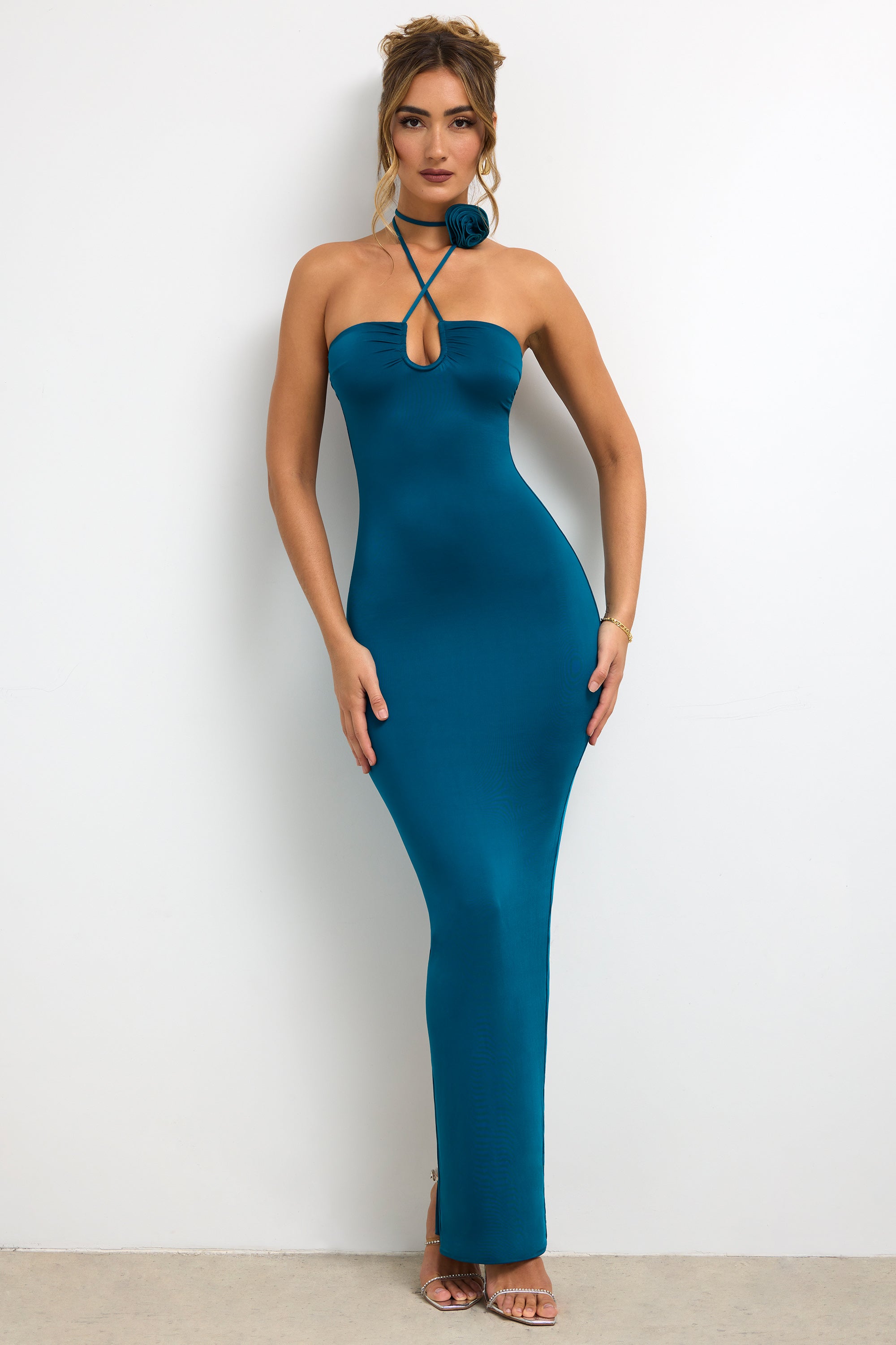Vasara-Slinky Jersey Rose Detail Halter Neck Maxi Dress in Dark Teal