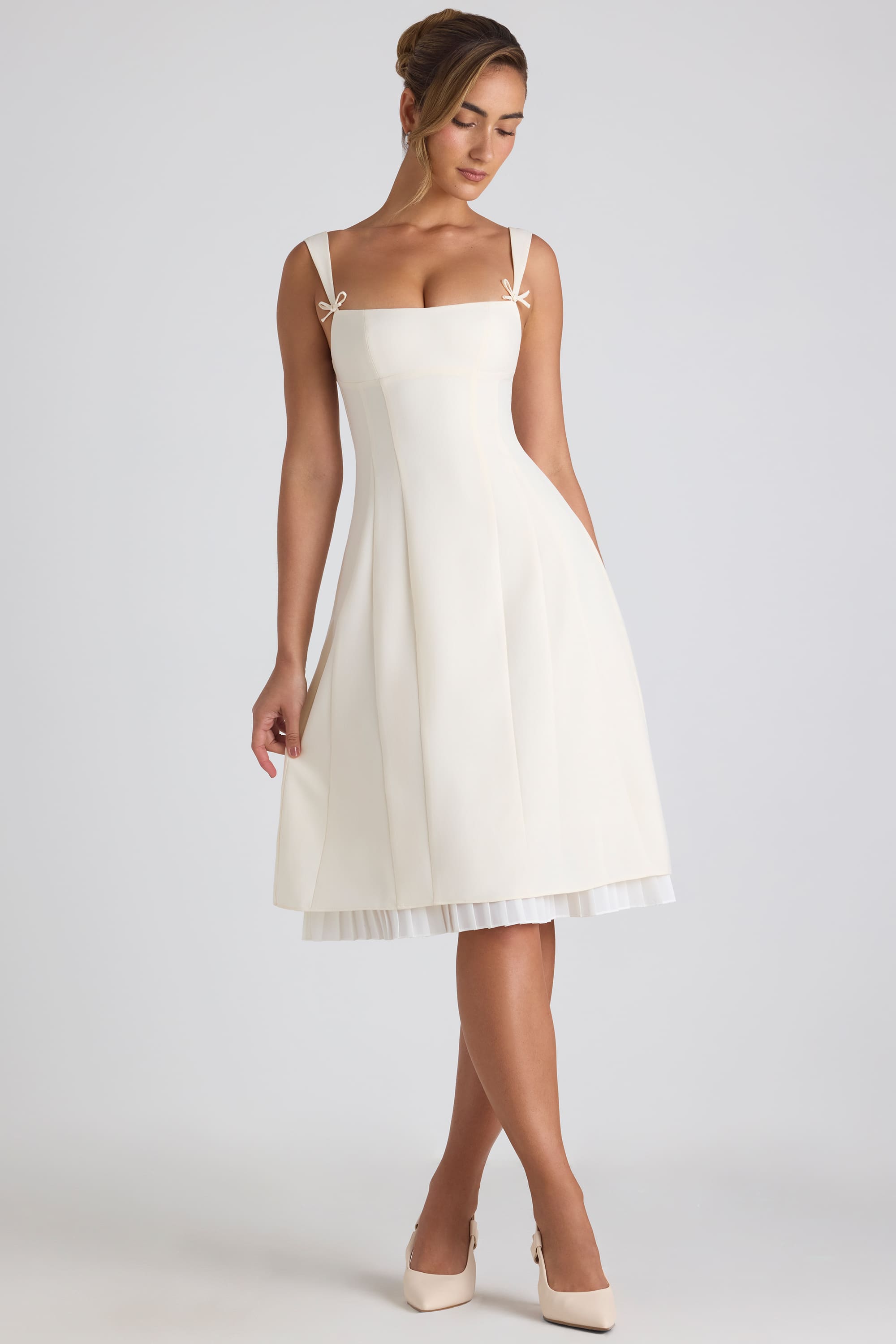 Isadora-Bow-Detail Pleated A-Line Midi Dress in Ivory