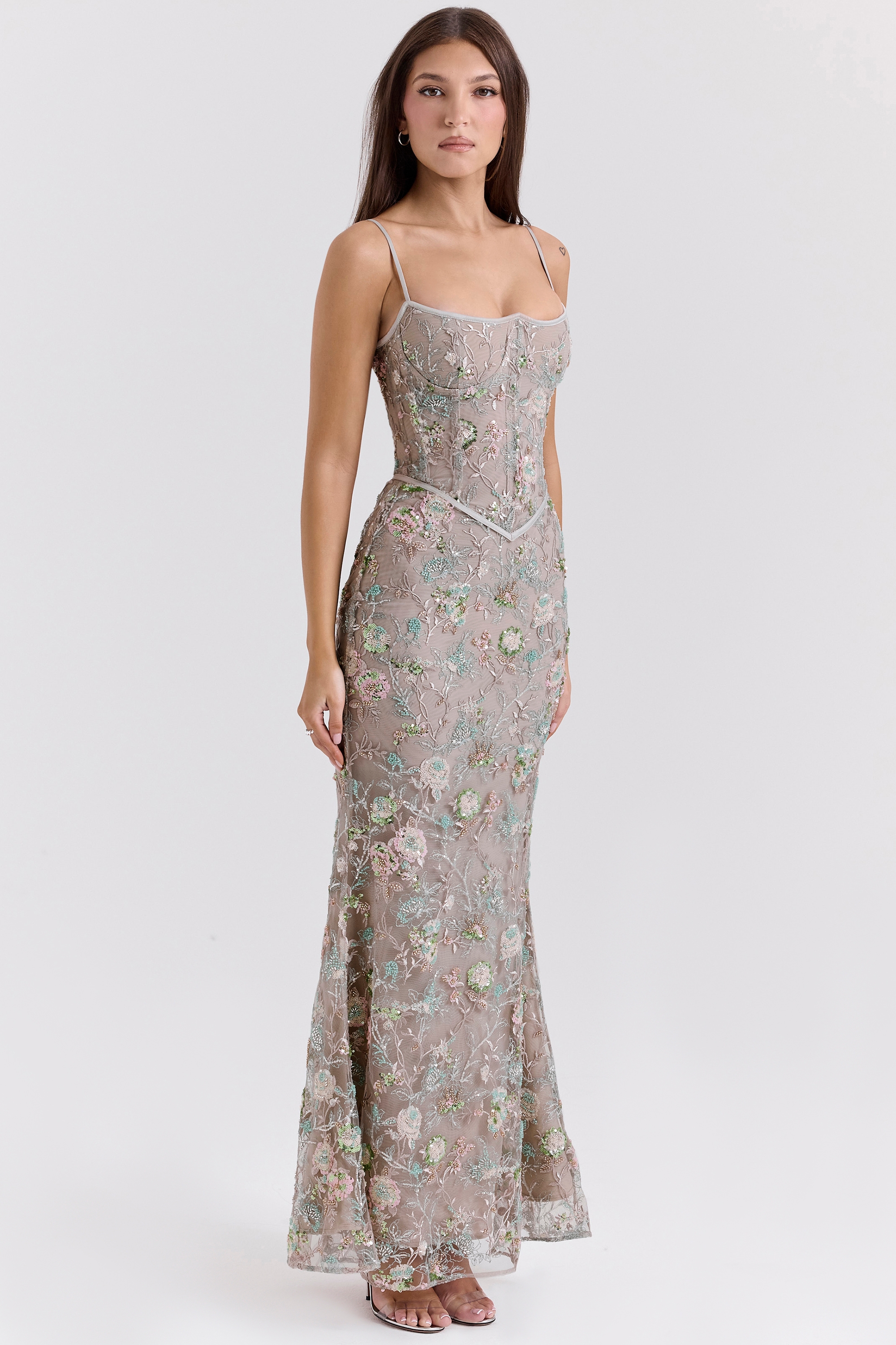 Naima-Silver Embellished Beaded Corset Maxi Dress