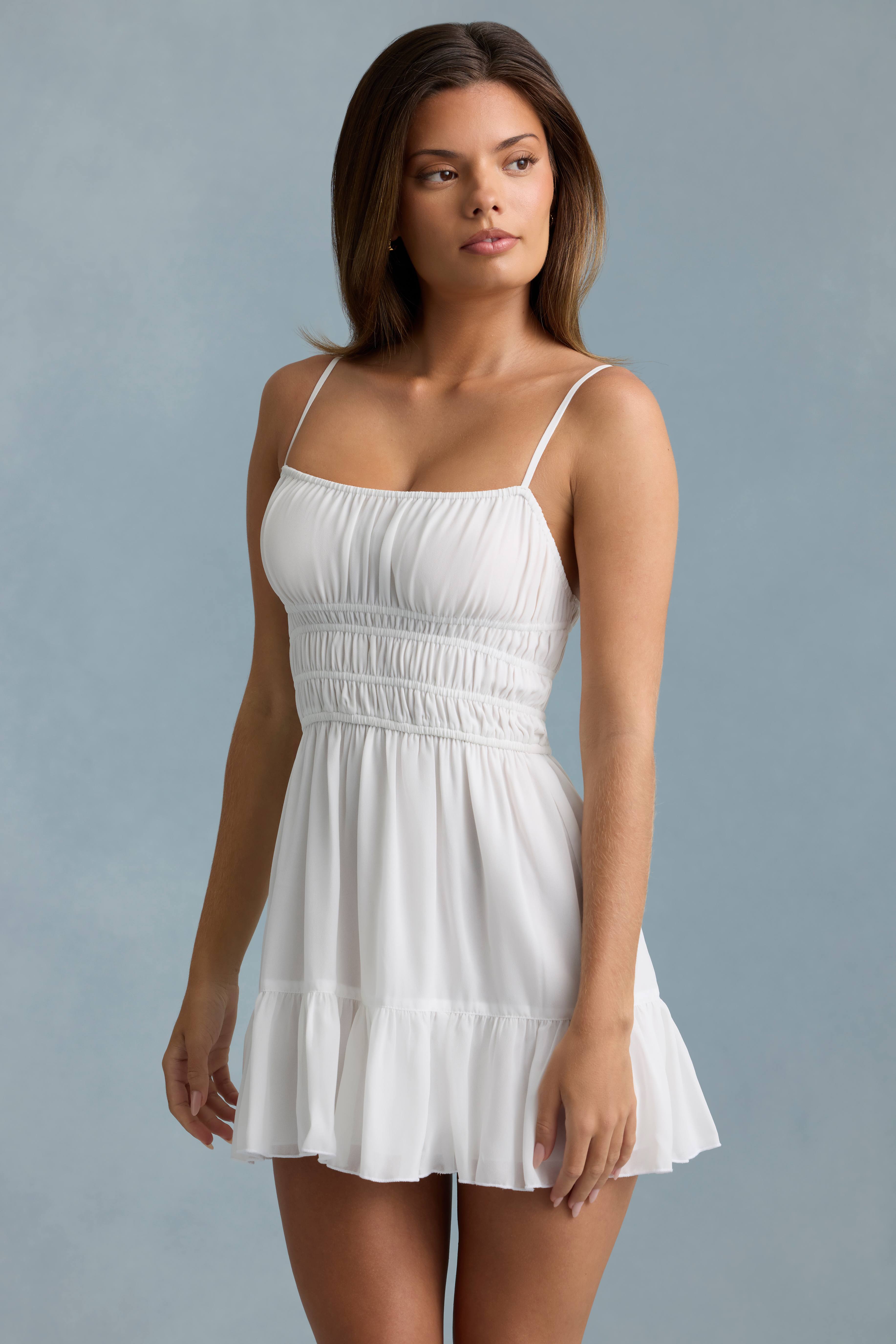 Tessara-Shirred Camisole Mini Dress in White