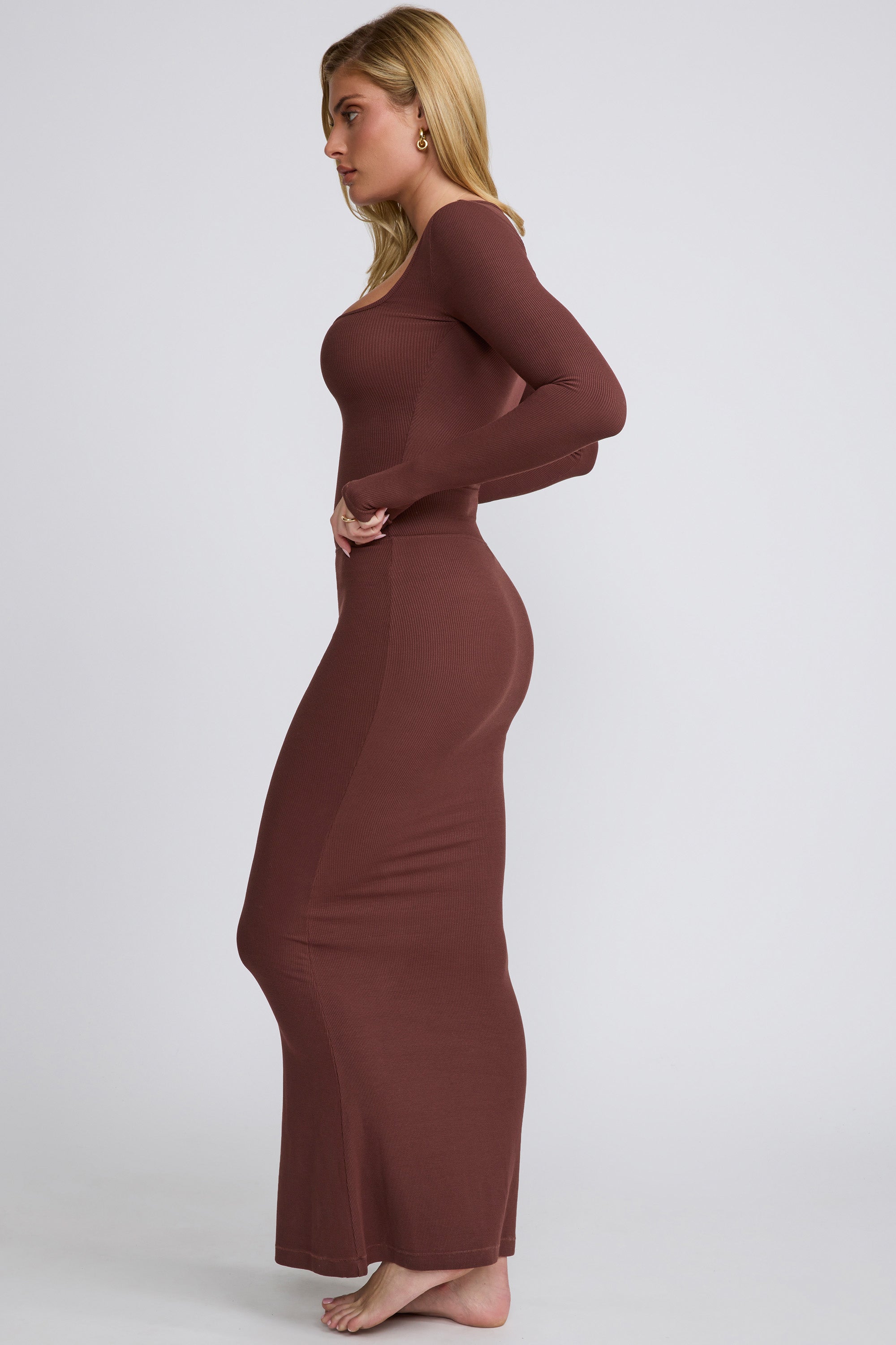 Tia-Ribbed Modal  Long Sleeve Top in Chocolate
