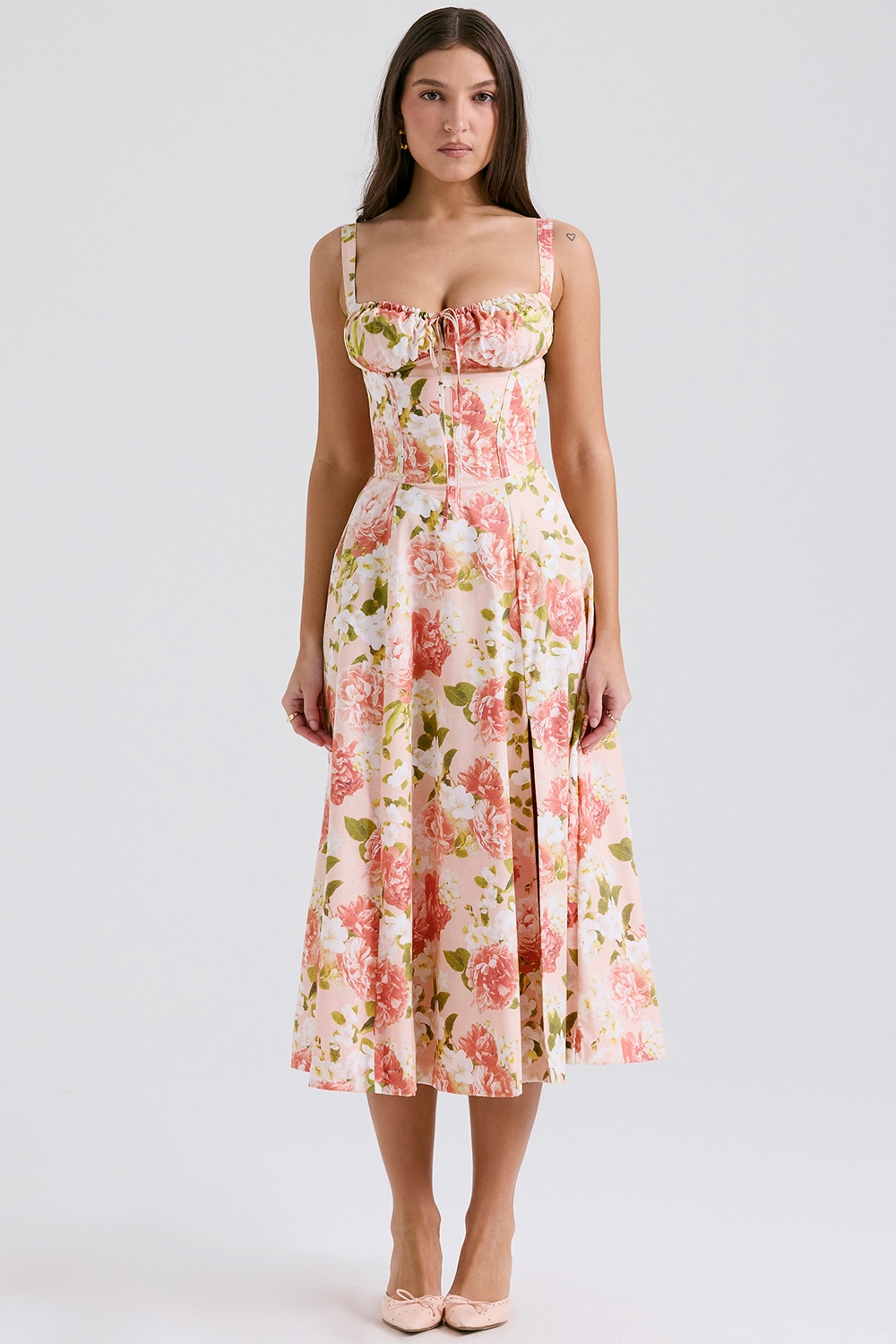 Carmen-Pink Peony Print Cotton Bustier Sundress