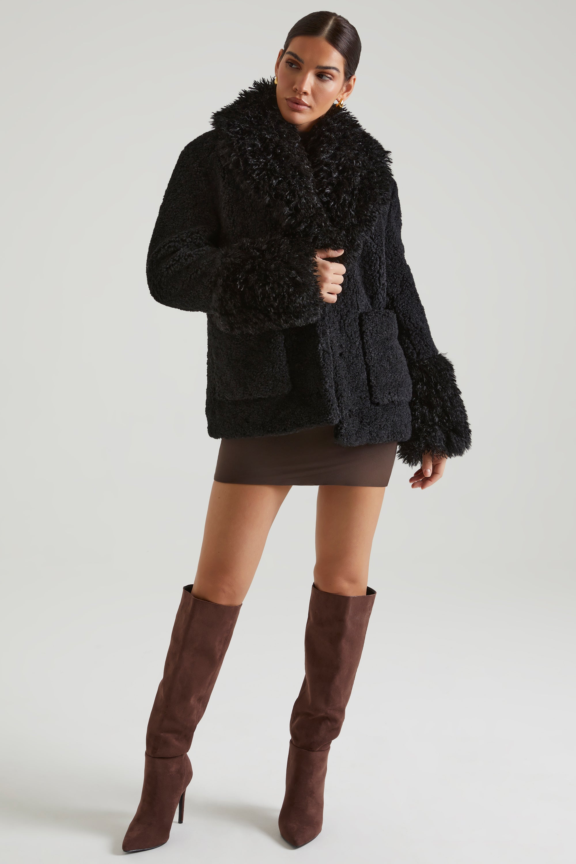 Wynter-Shearling Coat with Large Front Pockets in Black