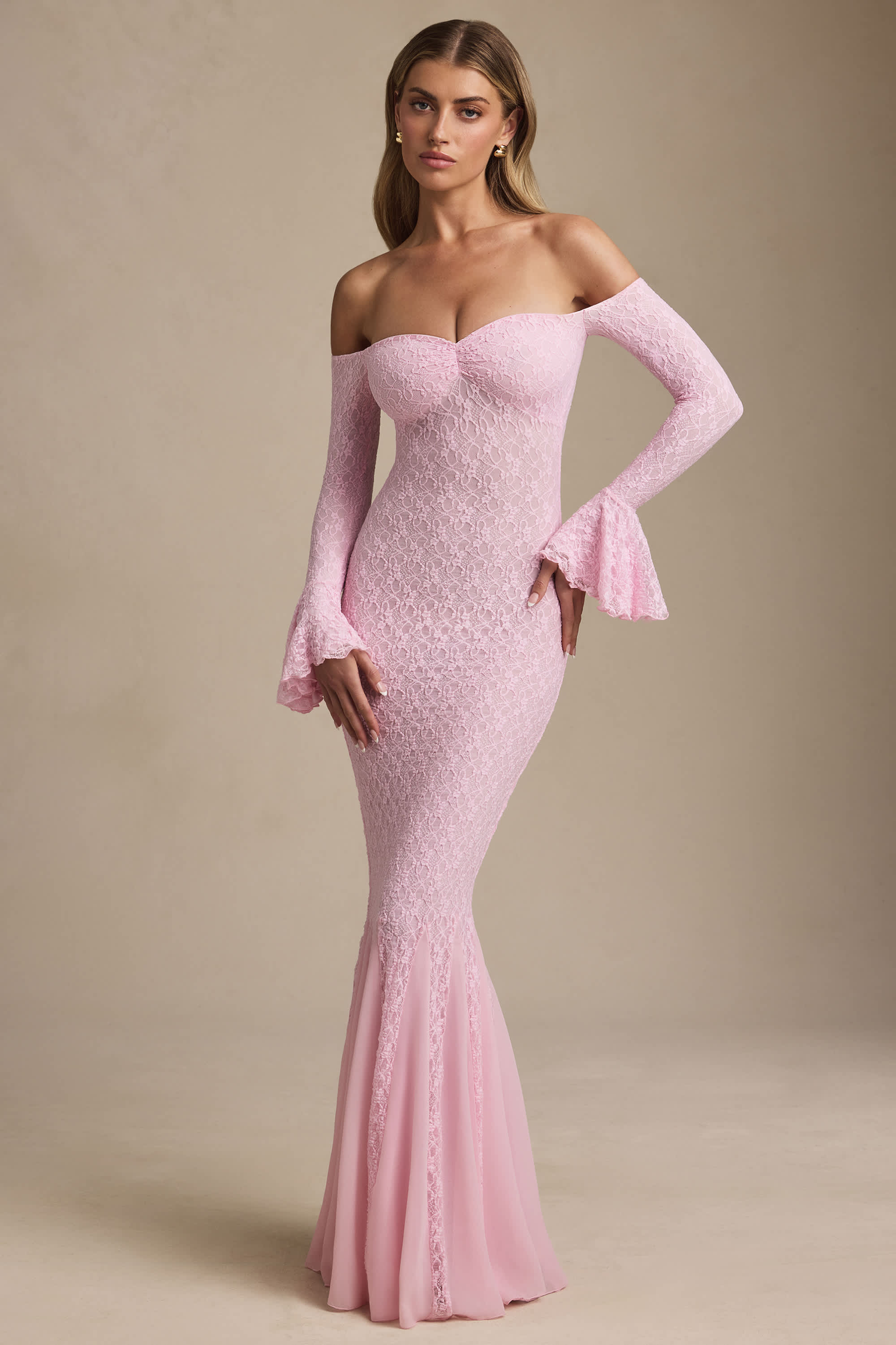 Verena-Off-Shoulder Ruffle Lace Maxi Dress in Soft Pink