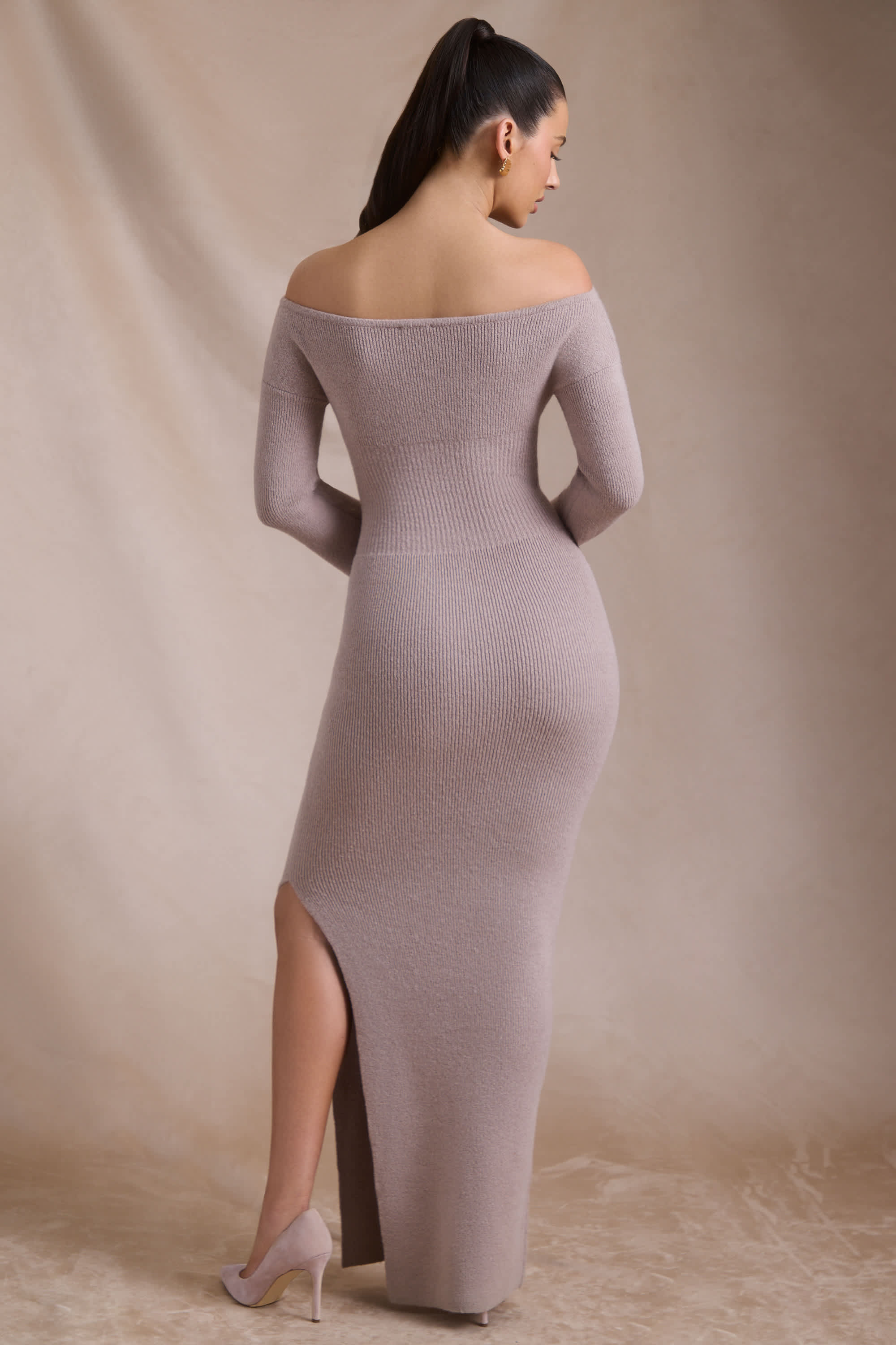 Terneigh-Ribbed-Knit Off-Shoulder Maxi Dress in Taupe