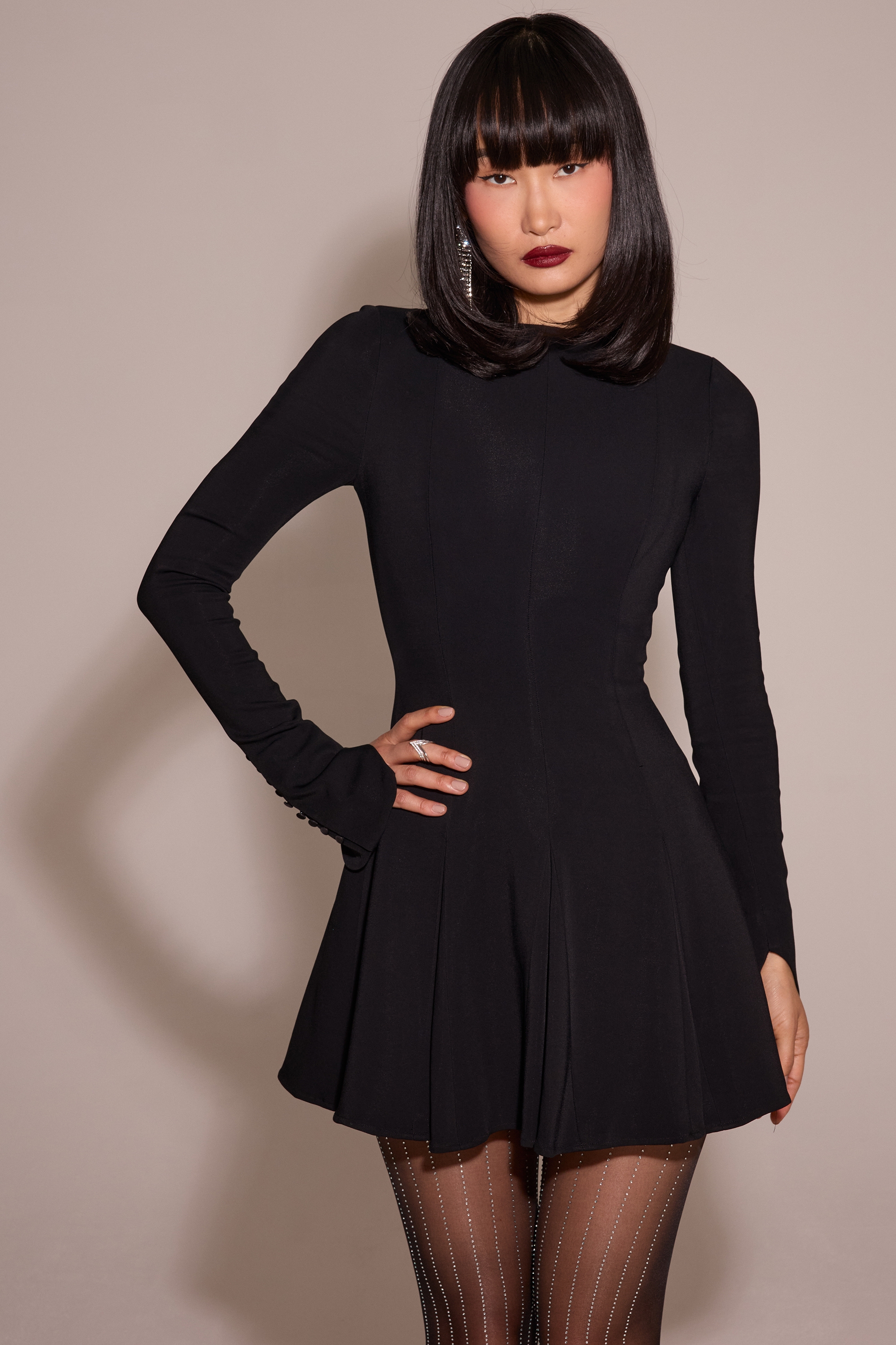 Francesca-Black Stretch Crepe Godet Mini Dress