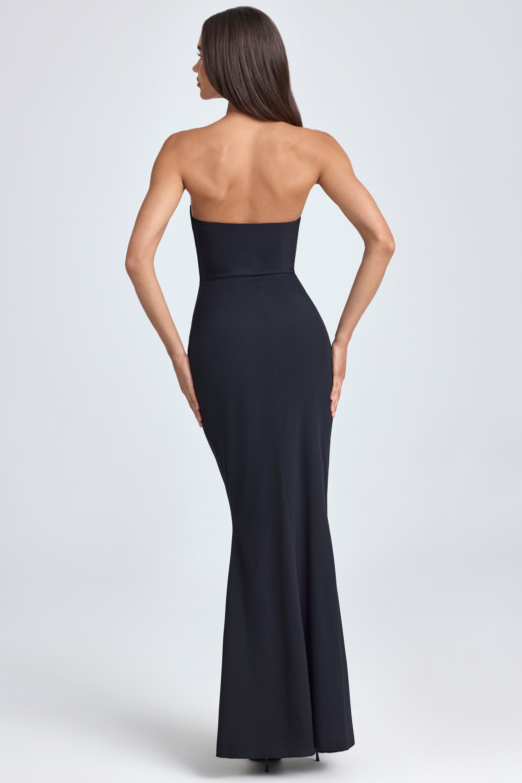 Tallulah-Bandeau Ruffle-Trim Corset Gown in Black