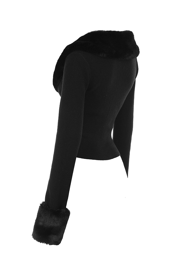 Blanche-Black Faux Fur Trim Cardigan - SALE