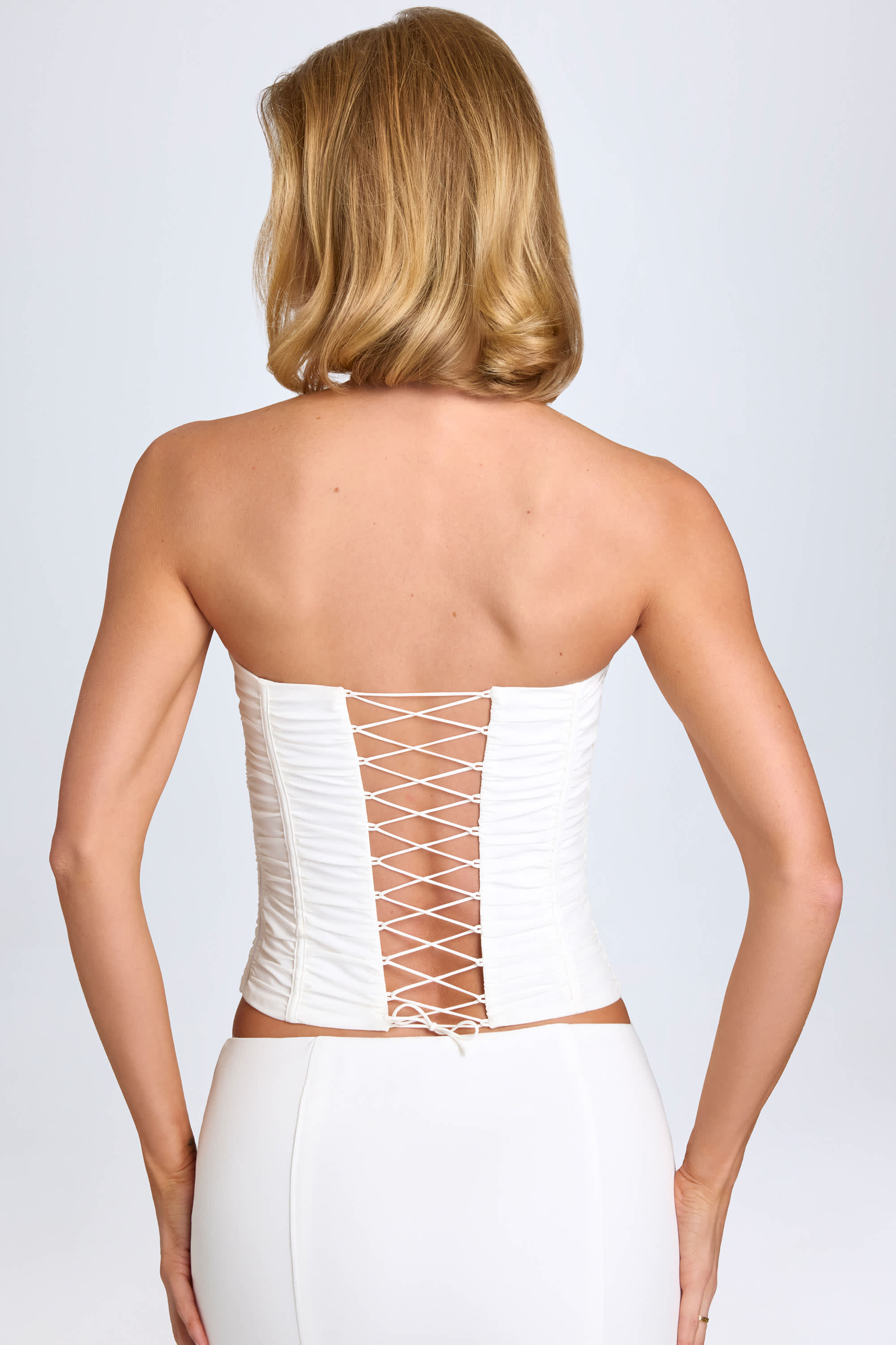 Trova-Ruched Lace-Up Corset Top in White