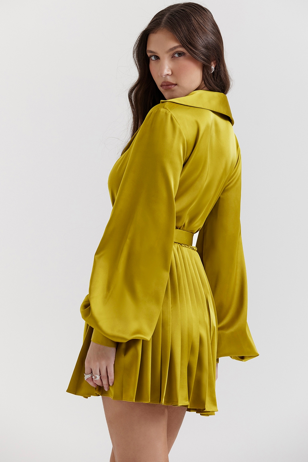 Allegra-Chartreuse Pleated Shirt Dress