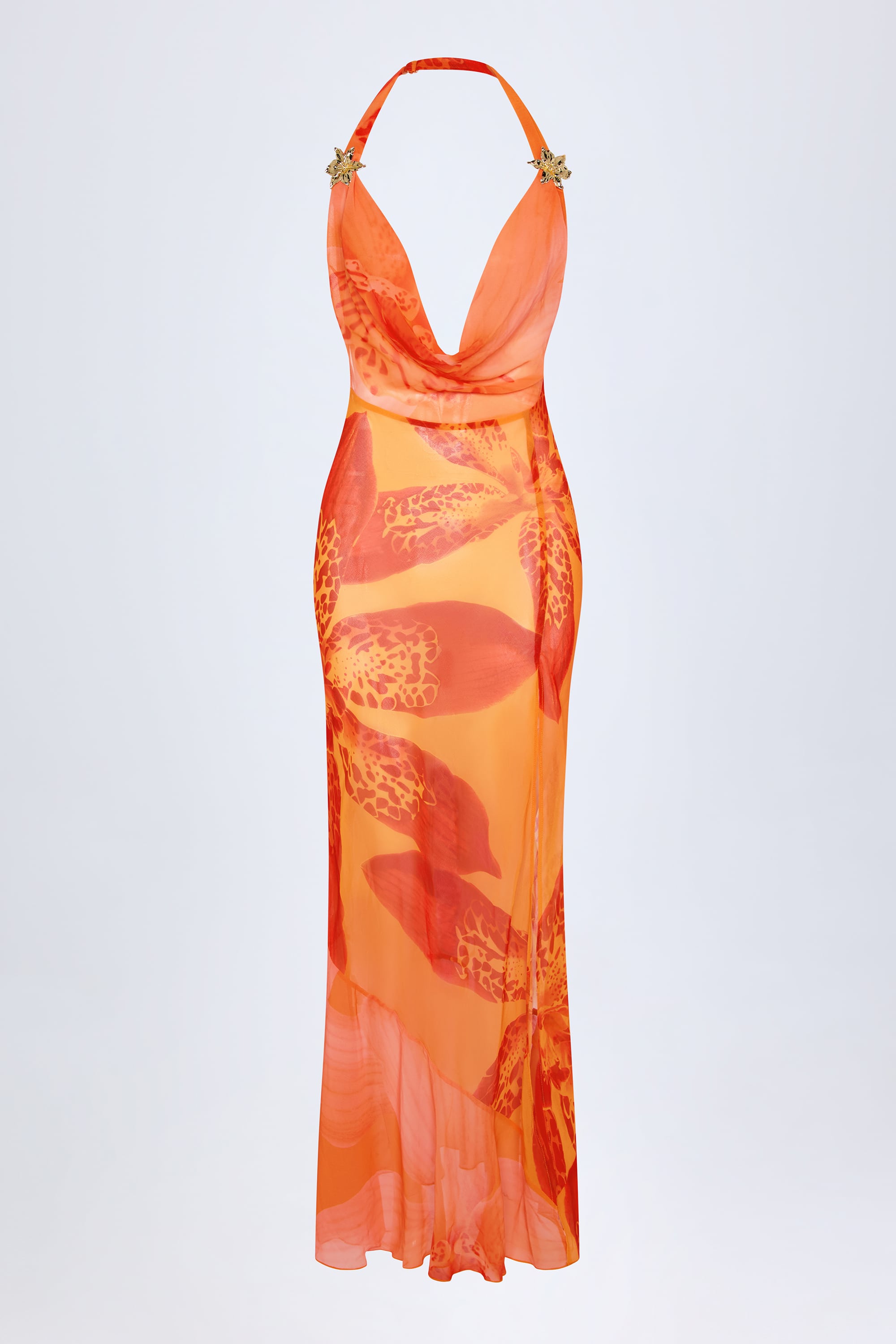Taveuni-Cowl-Neck Hardware-Detail Maxi Dress in Orange Orchid Print